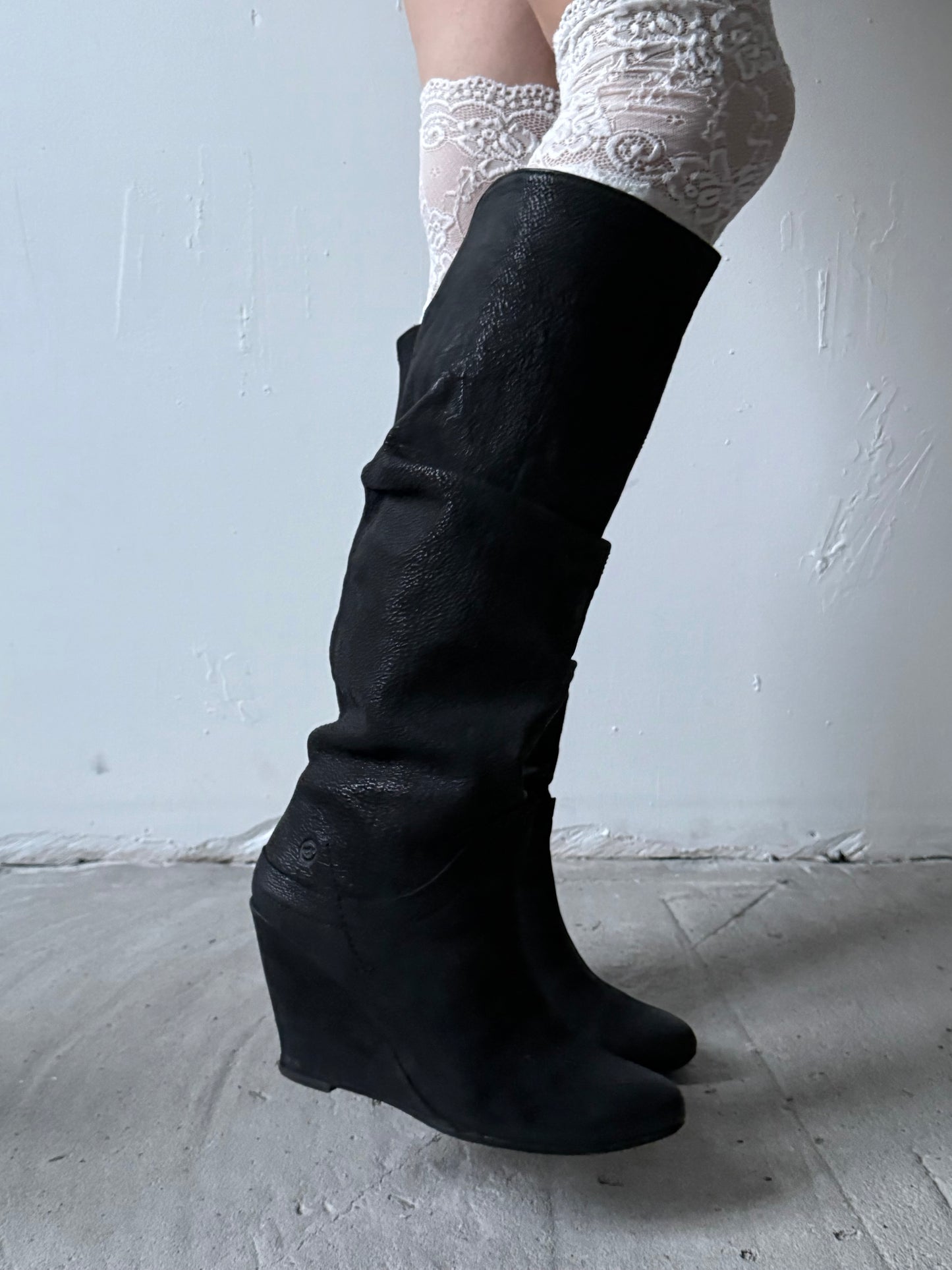 Vintage black leather wedge boots Bronx TWINKLING GLOBAL
