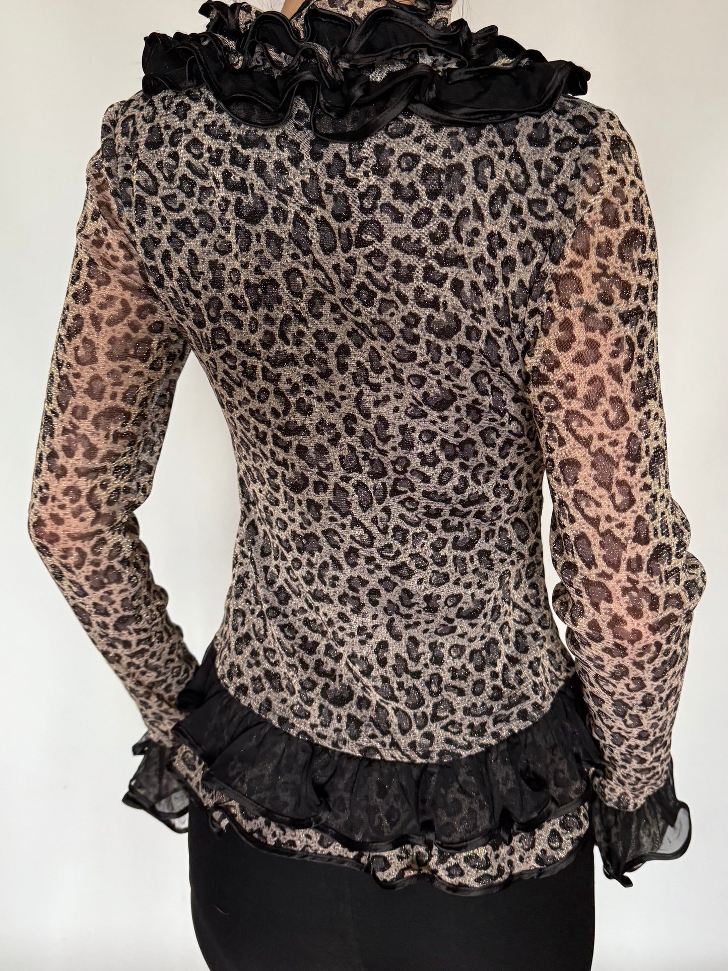 Vintage Leopard Ruffle Mesh Peplum Blouse Twinkling Global