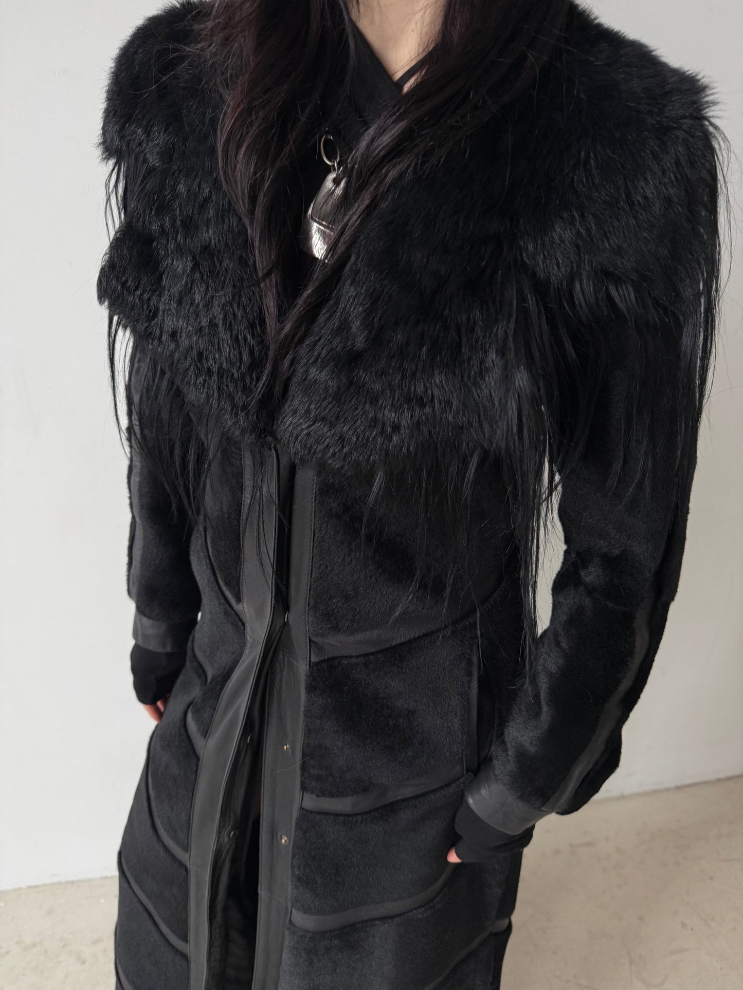 Vintage Black Leather Long Coat TWINKLING GLOBAL