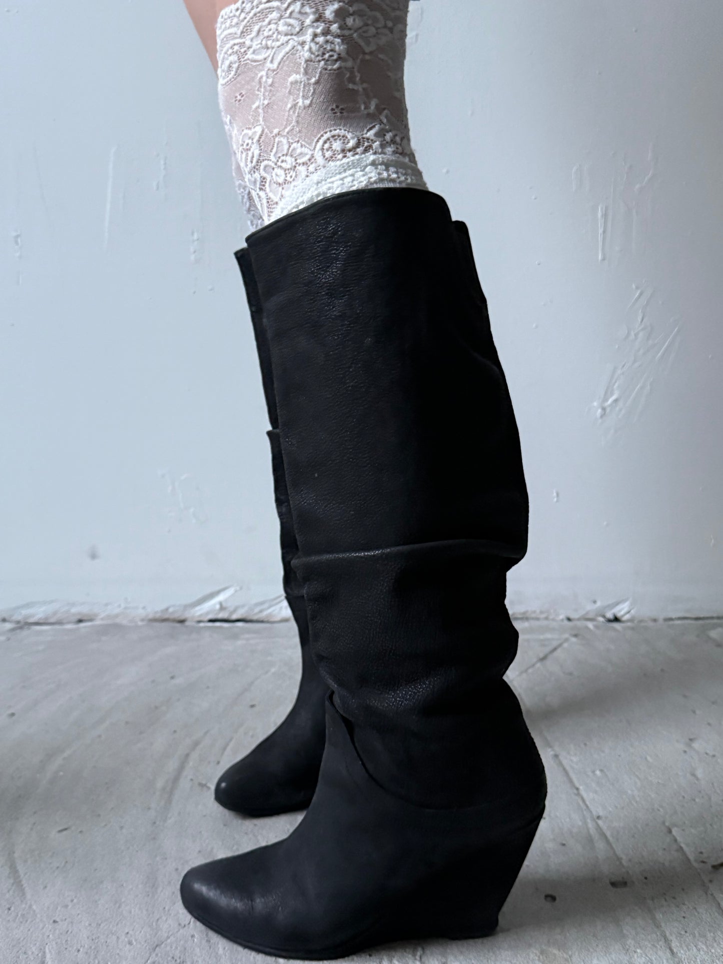 Vintage black leather wedge boots Bronx TWINKLING GLOBAL