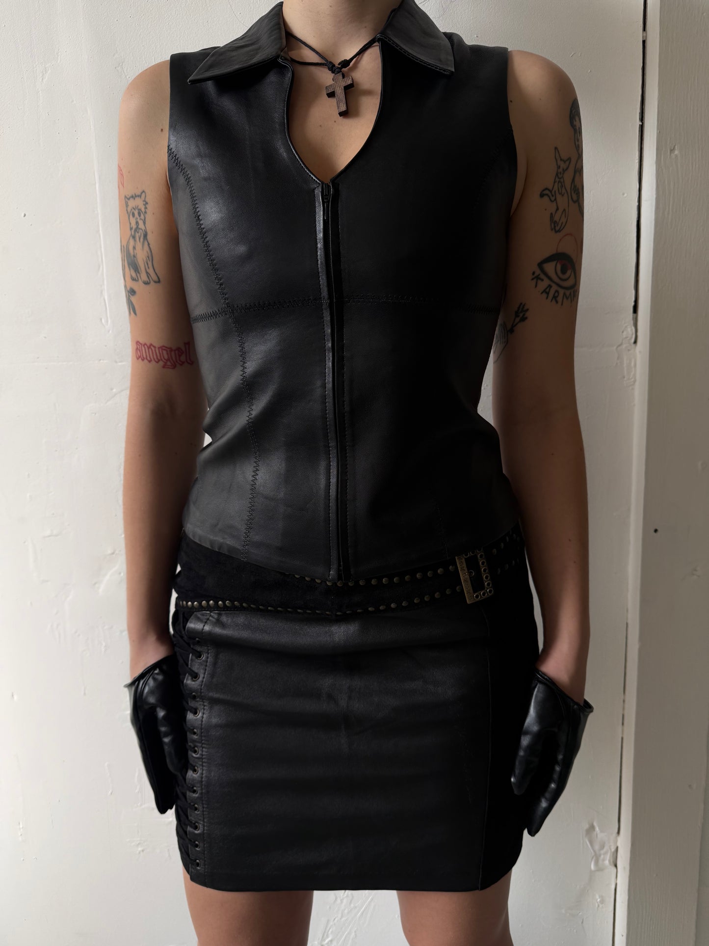 Vintage leather mini skirt with suede inserts and lace-up detail TWINKLING GLOBAL