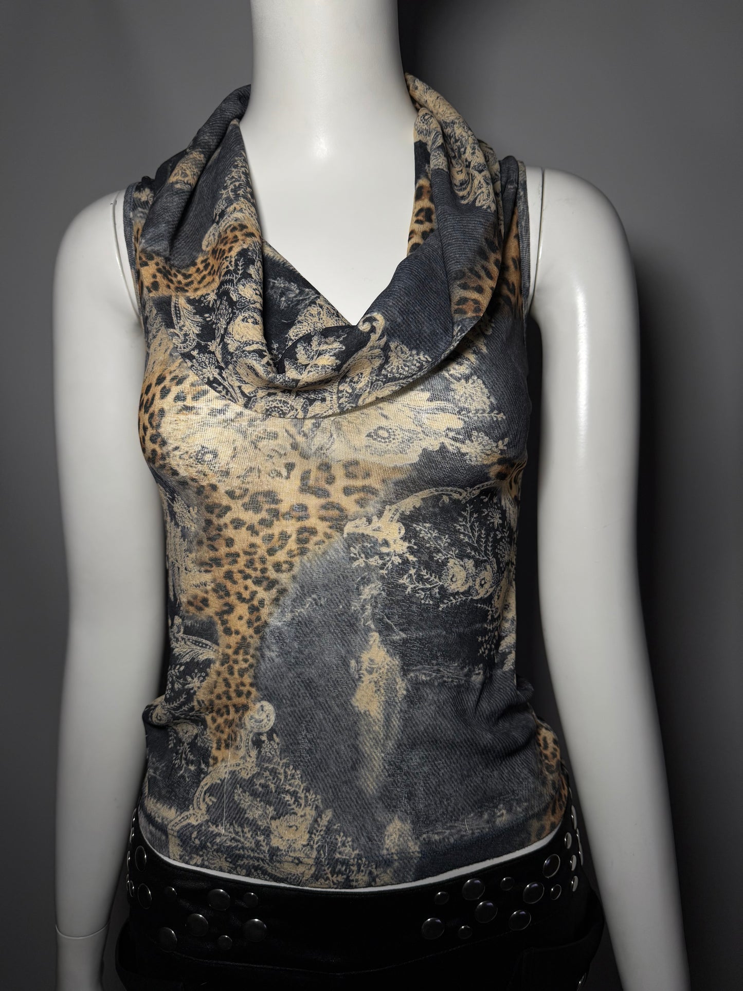 Vintage Cowl Neck Mesh Top with Leopard Print TWINKLING