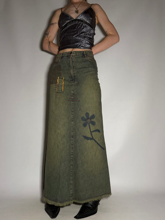 Vintage Maxi Denim Skirt with Flower Print and Contrast Stitching TWINKLING