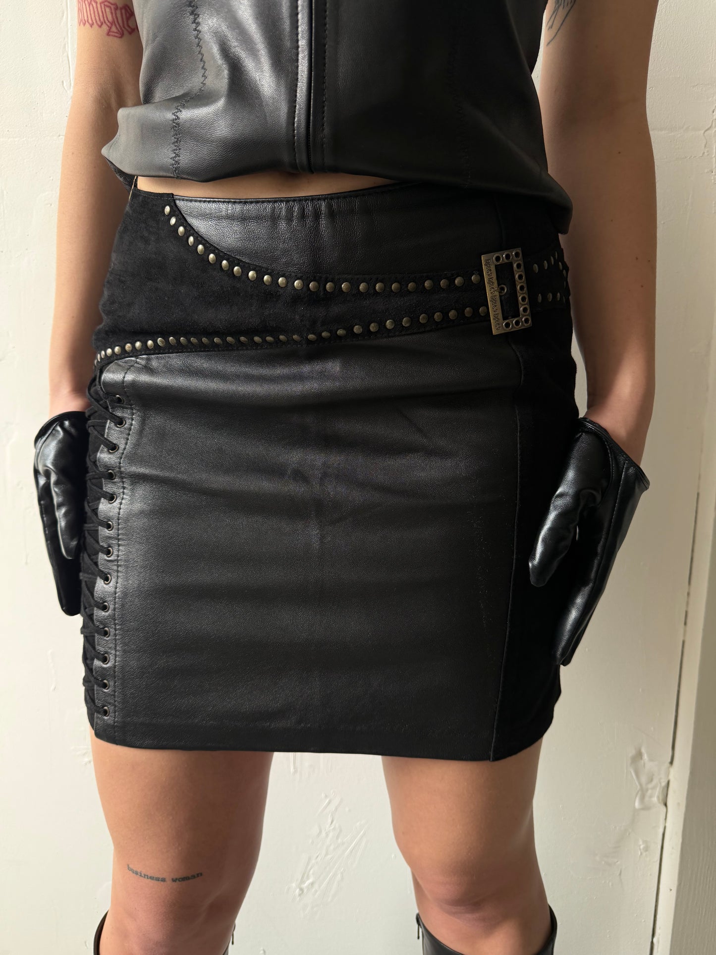 Vintage leather mini skirt with suede inserts and lace-up detail TWINKLING GLOBAL