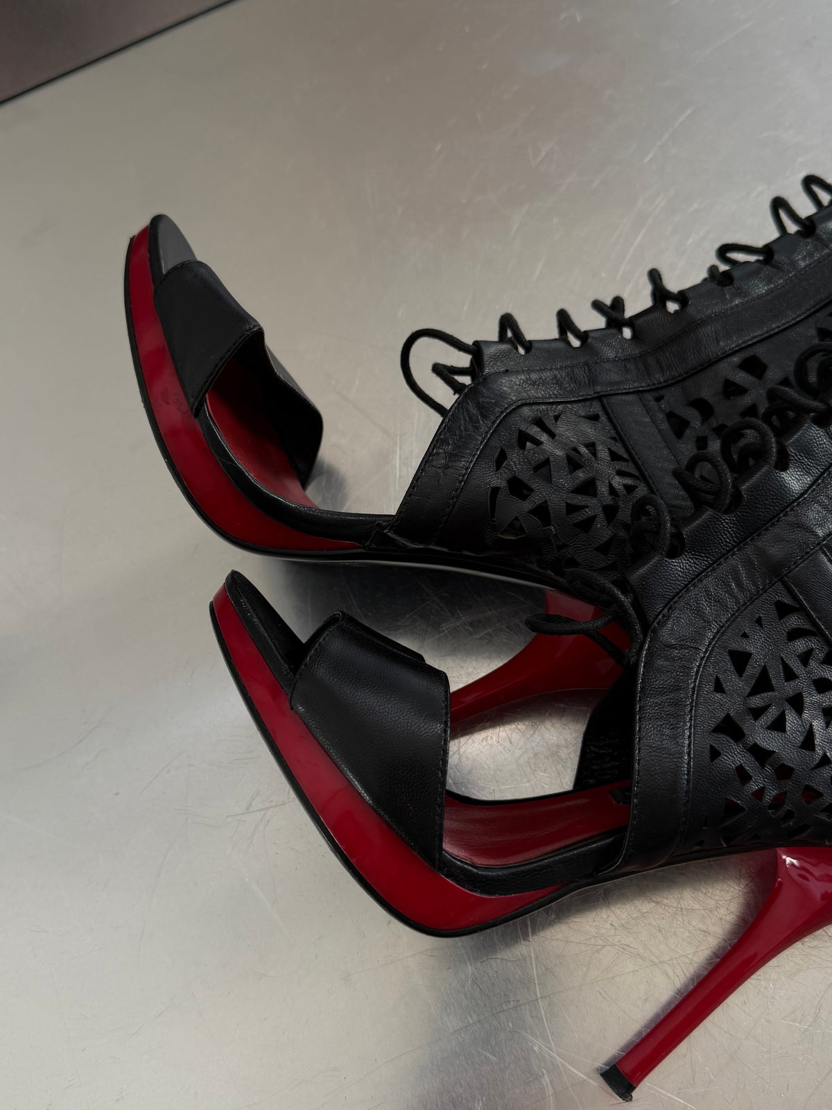 Vintage Luciano Carvari black gladiator heels with red heel TWINKLING GLOBAL