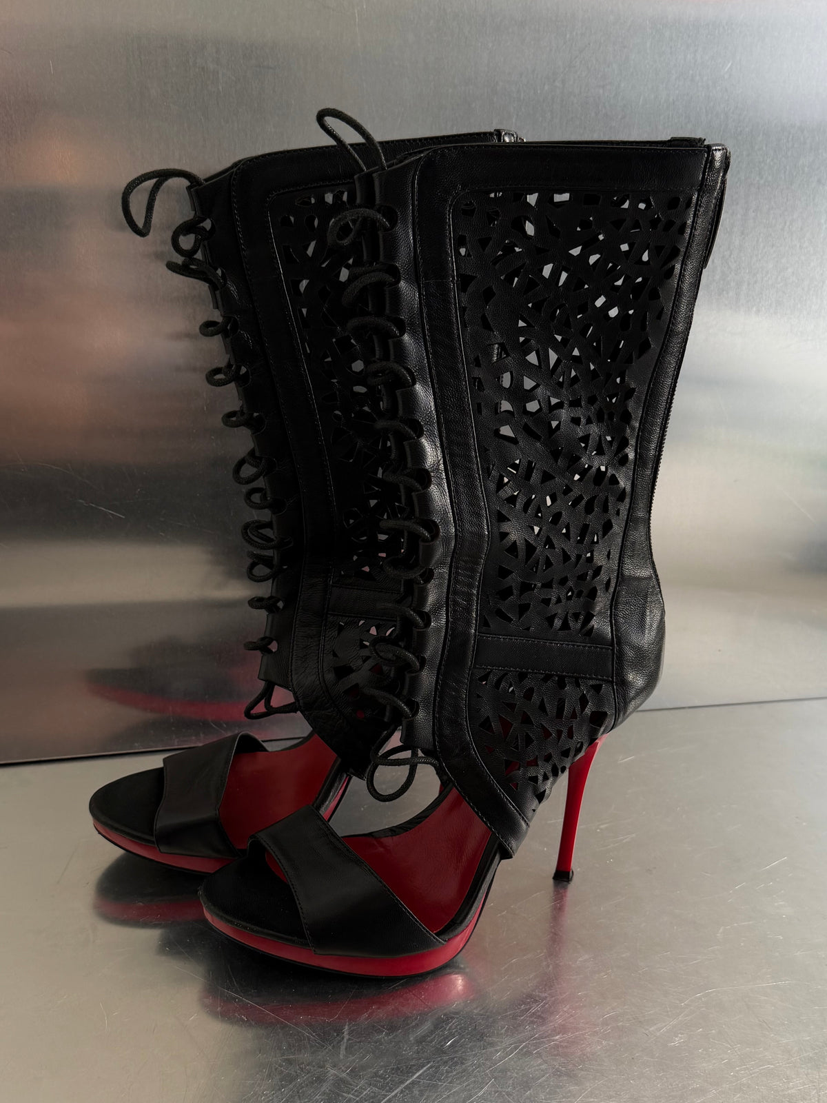 Vintage Luciano Carvari black gladiator heels with red heel TWINKLING GLOBAL