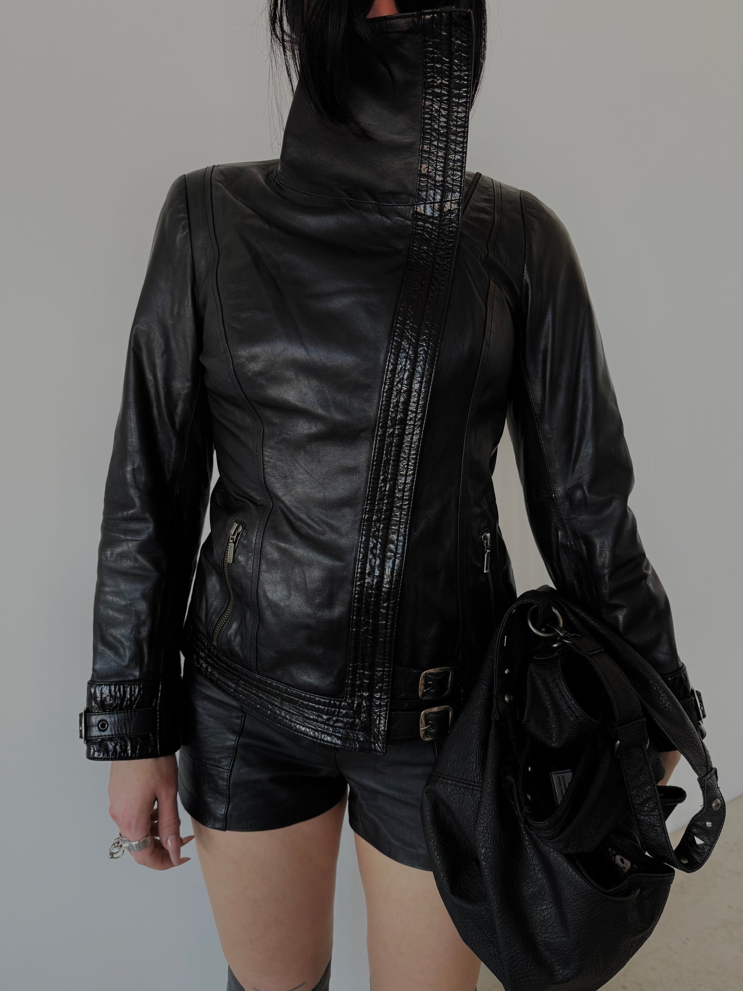 Vintage leather jacket with asymmetric zipper TWINKLING GLOBAL