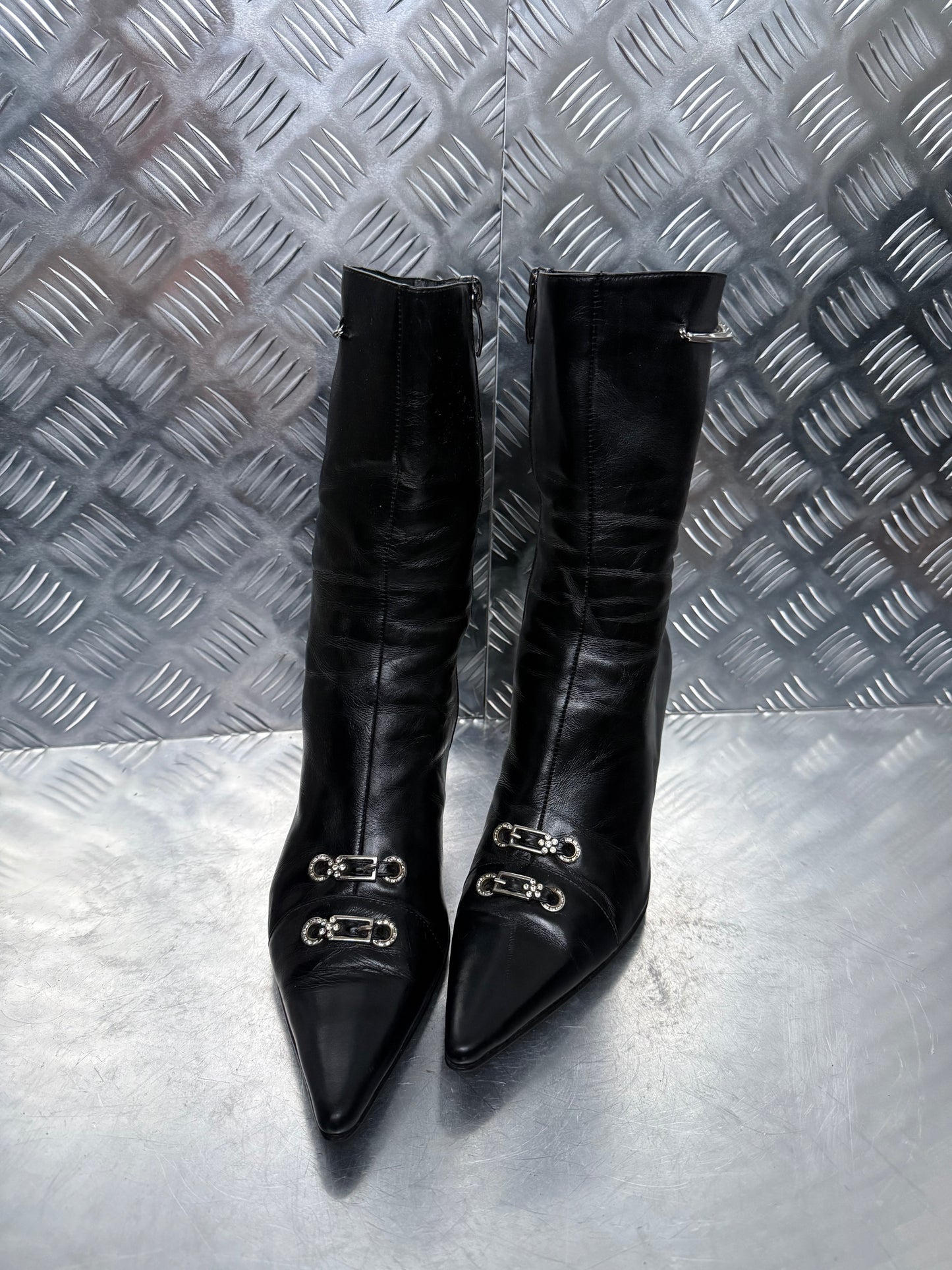 Vintage Black Leather Boots with Crystal Buckles TWINKLING GLOBAL