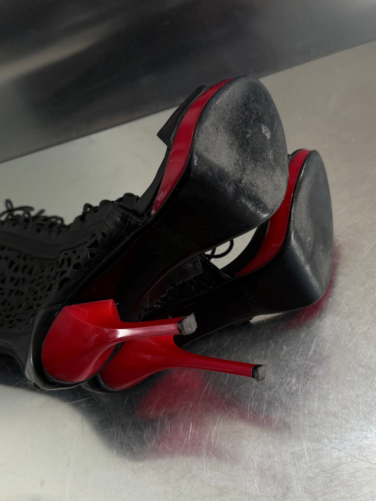Vintage Luciano Carvari black gladiator heels with red heel TWINKLING GLOBAL
