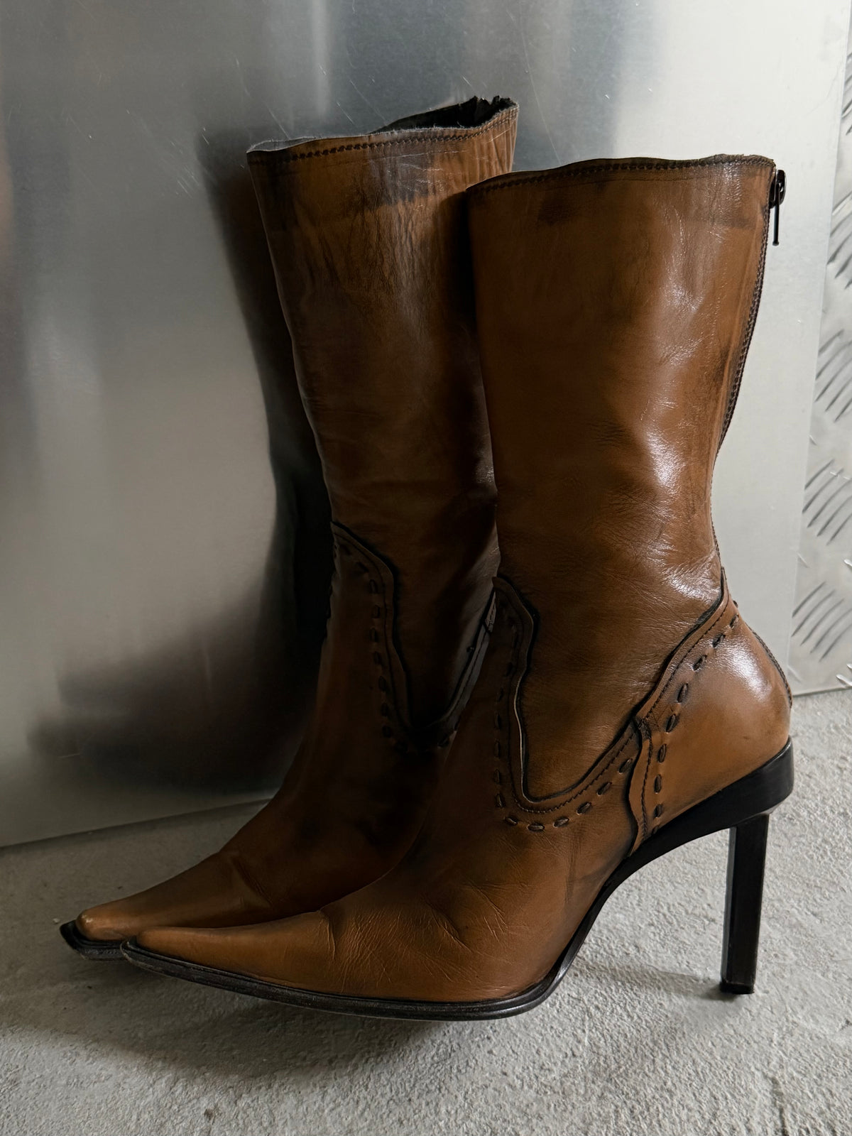 Vintage Italian brown pointed leather boots TWINKLING GLOBAL