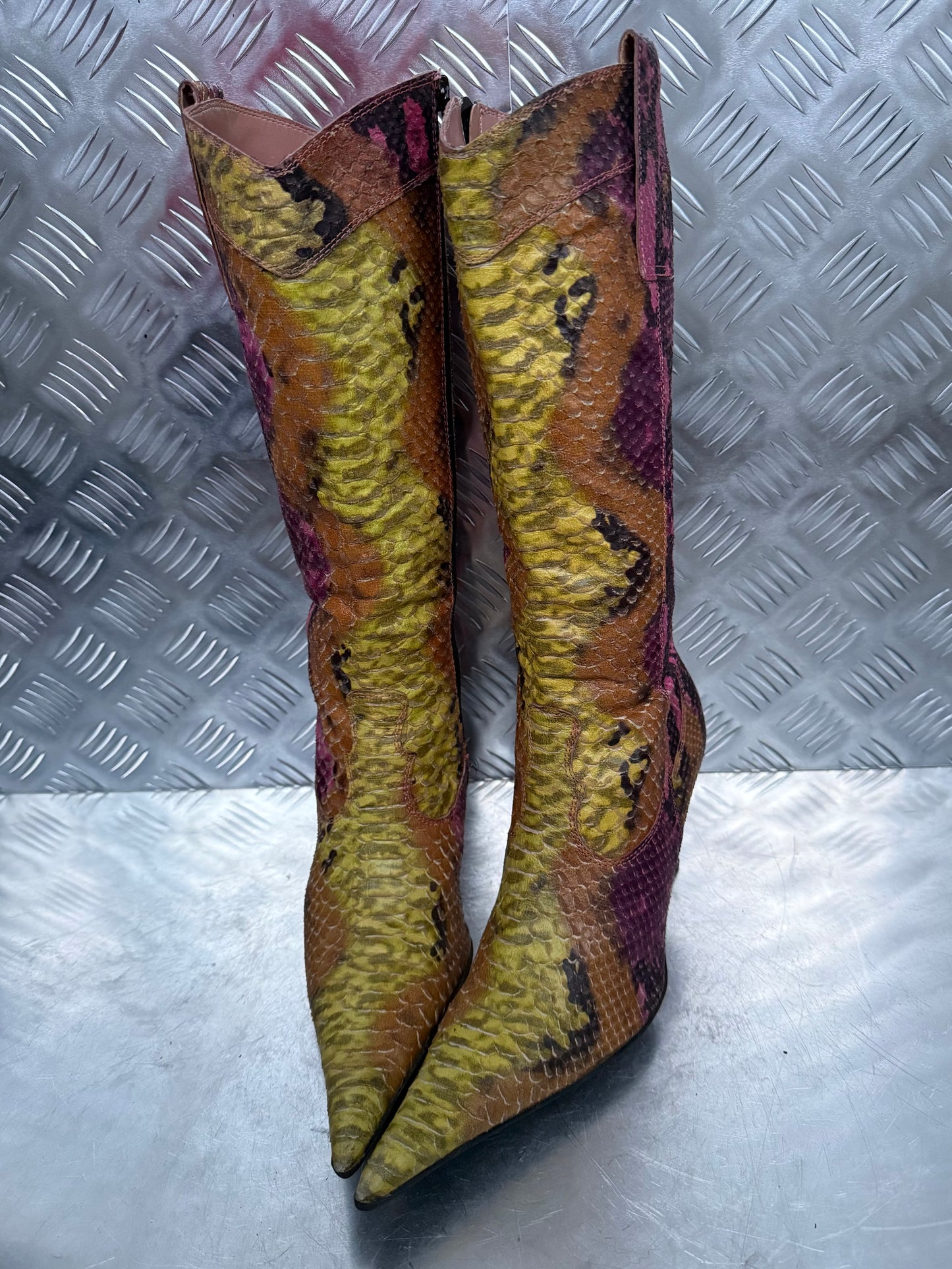 Vintage leather high boots in multicolor snake print TWINKLING GLOBAL
