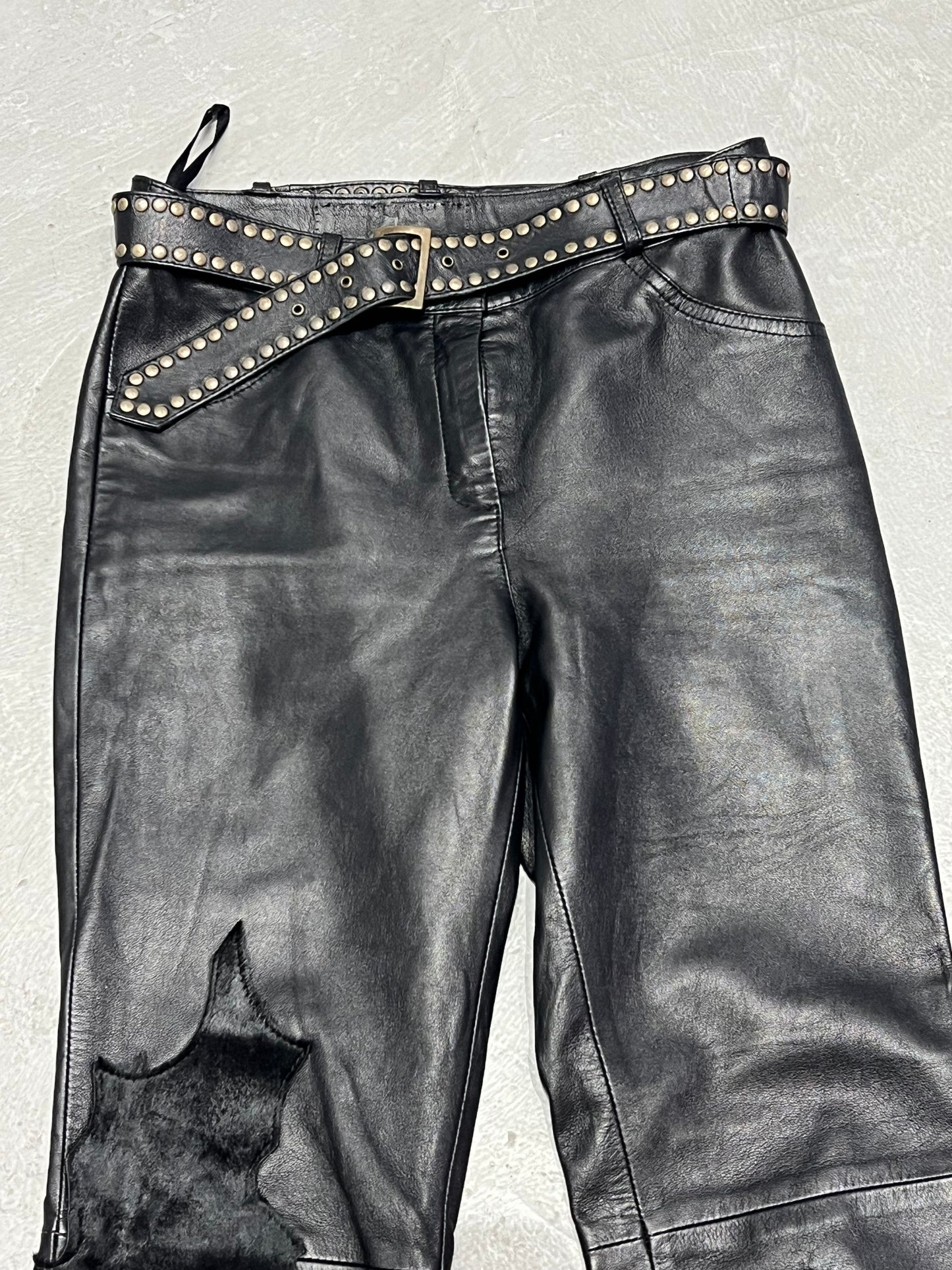 Vintage leather pants with textured inserts and studded strap detail TWINKLING GLOBAL