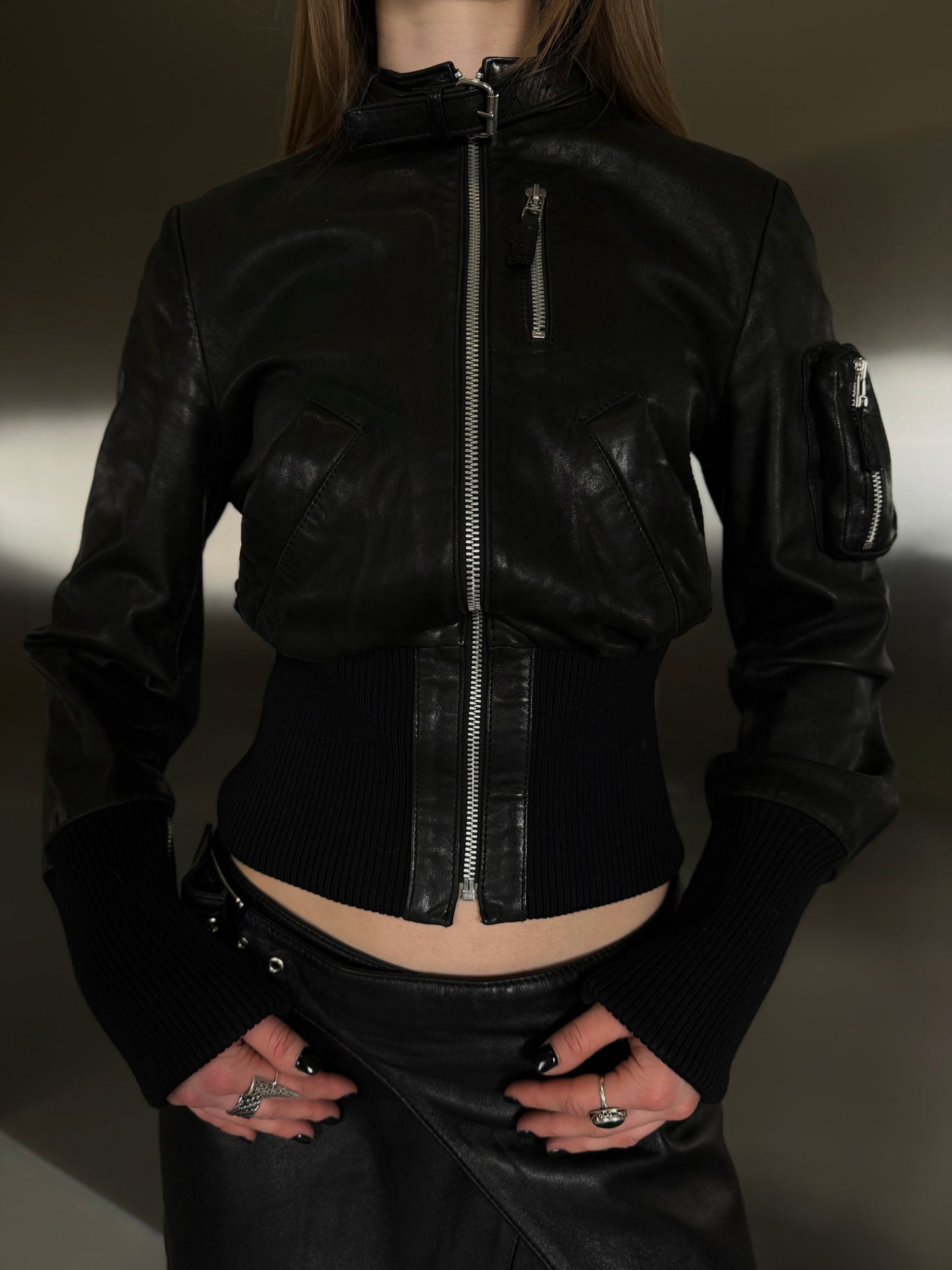 Vintage fitted leather jacket with back lettering TWINKLING GLOBAL