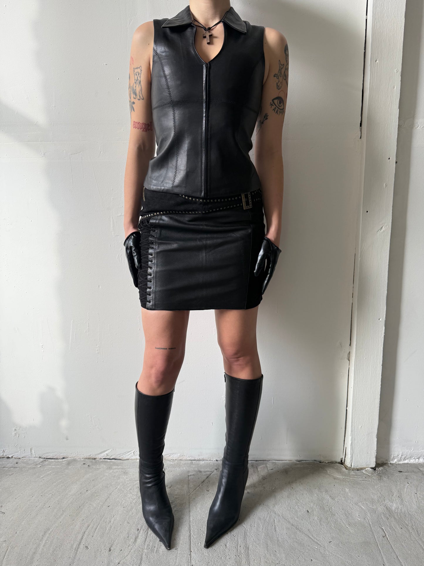 Vintage leather mini skirt with suede inserts and lace-up detail TWINKLING GLOBAL