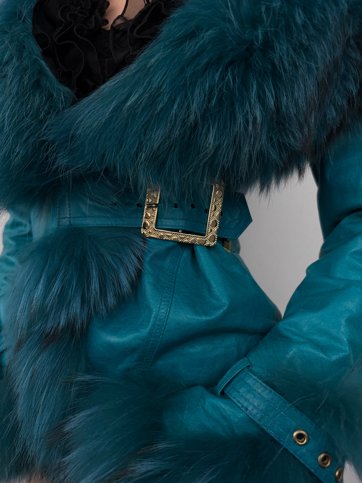 Vintage turquoise leather jacket with fur TWINKLING GLOBAL