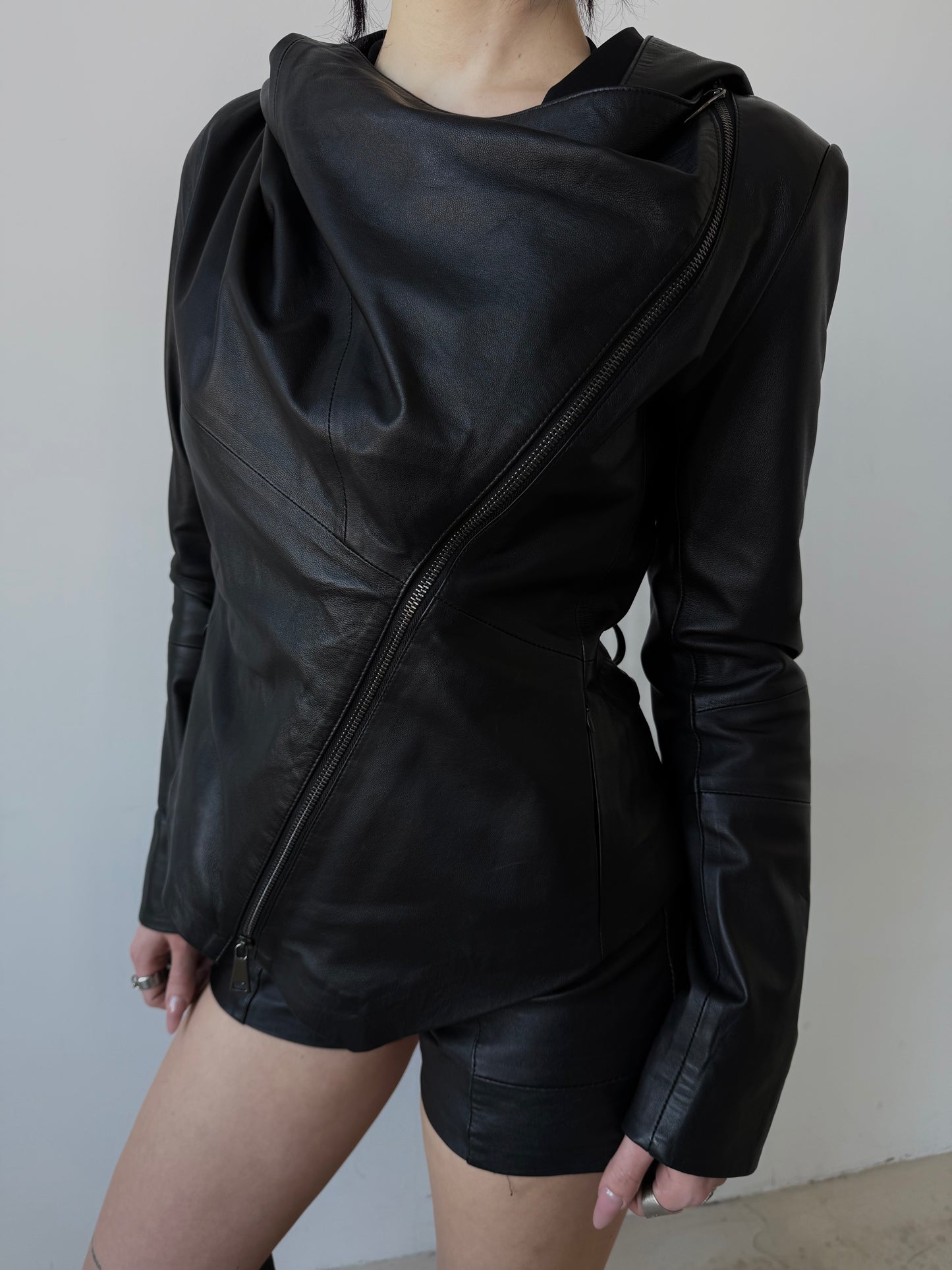 Vintage asymmetrical leather hooded jacket TWINKLING GLOBAL