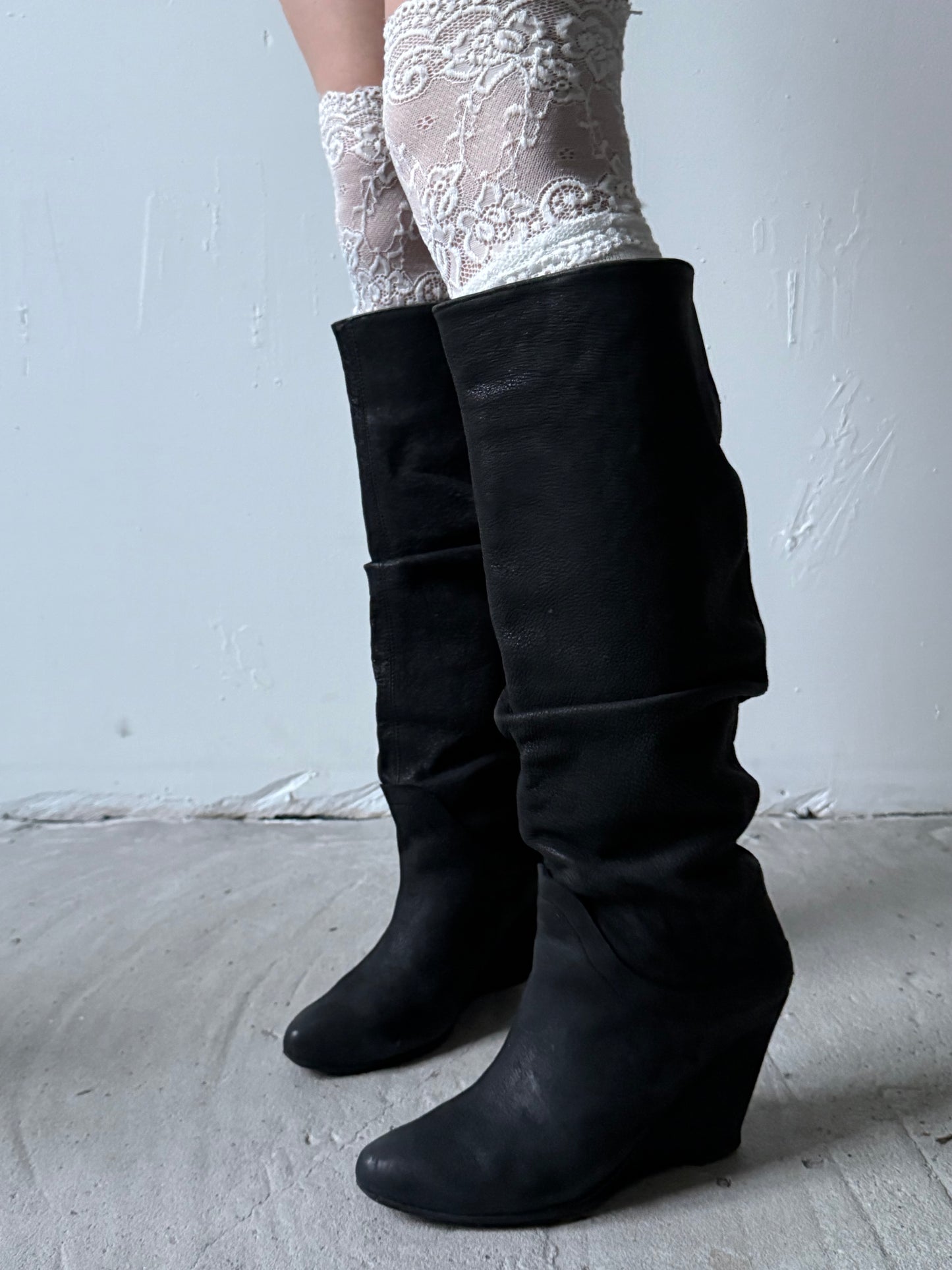 Vintage black leather wedge boots Bronx TWINKLING GLOBAL