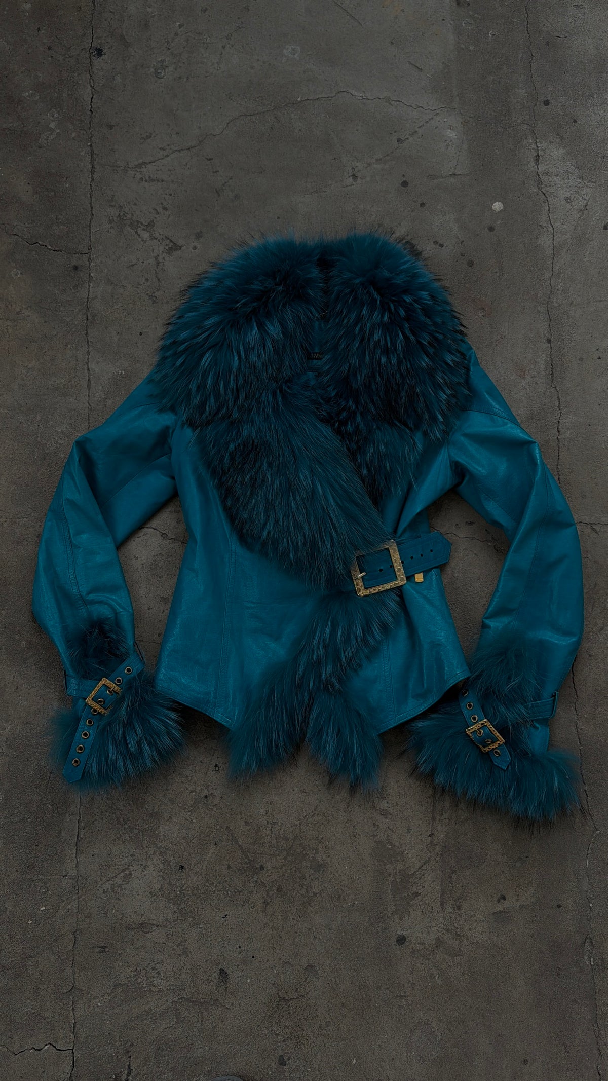 Vintage turquoise leather jacket with fur TWINKLING GLOBAL