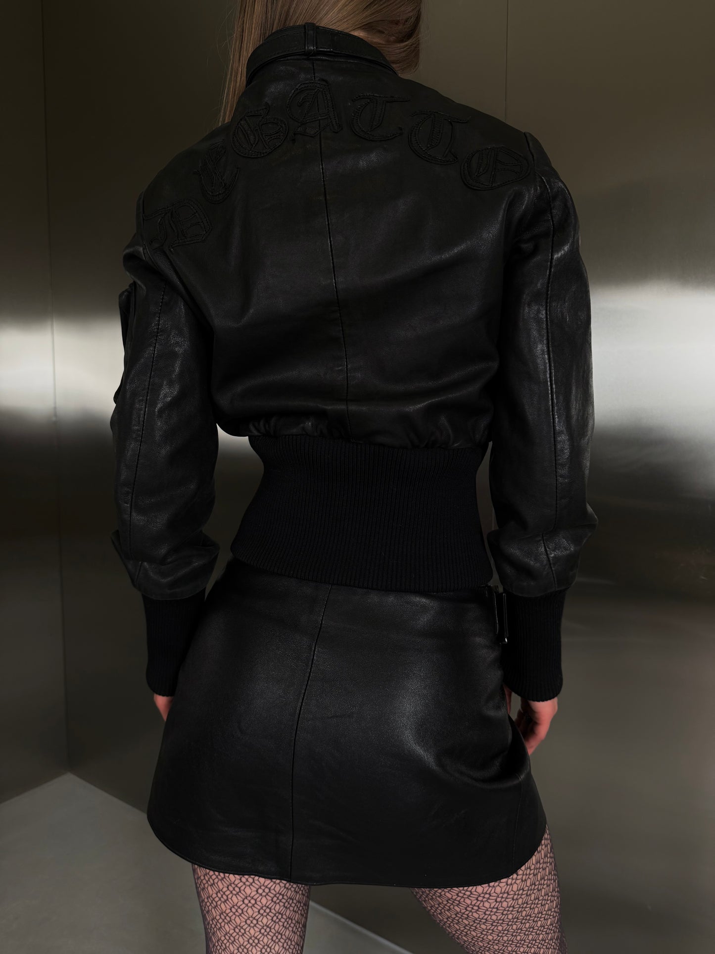 Vintage fitted leather jacket with back lettering TWINKLING GLOBAL