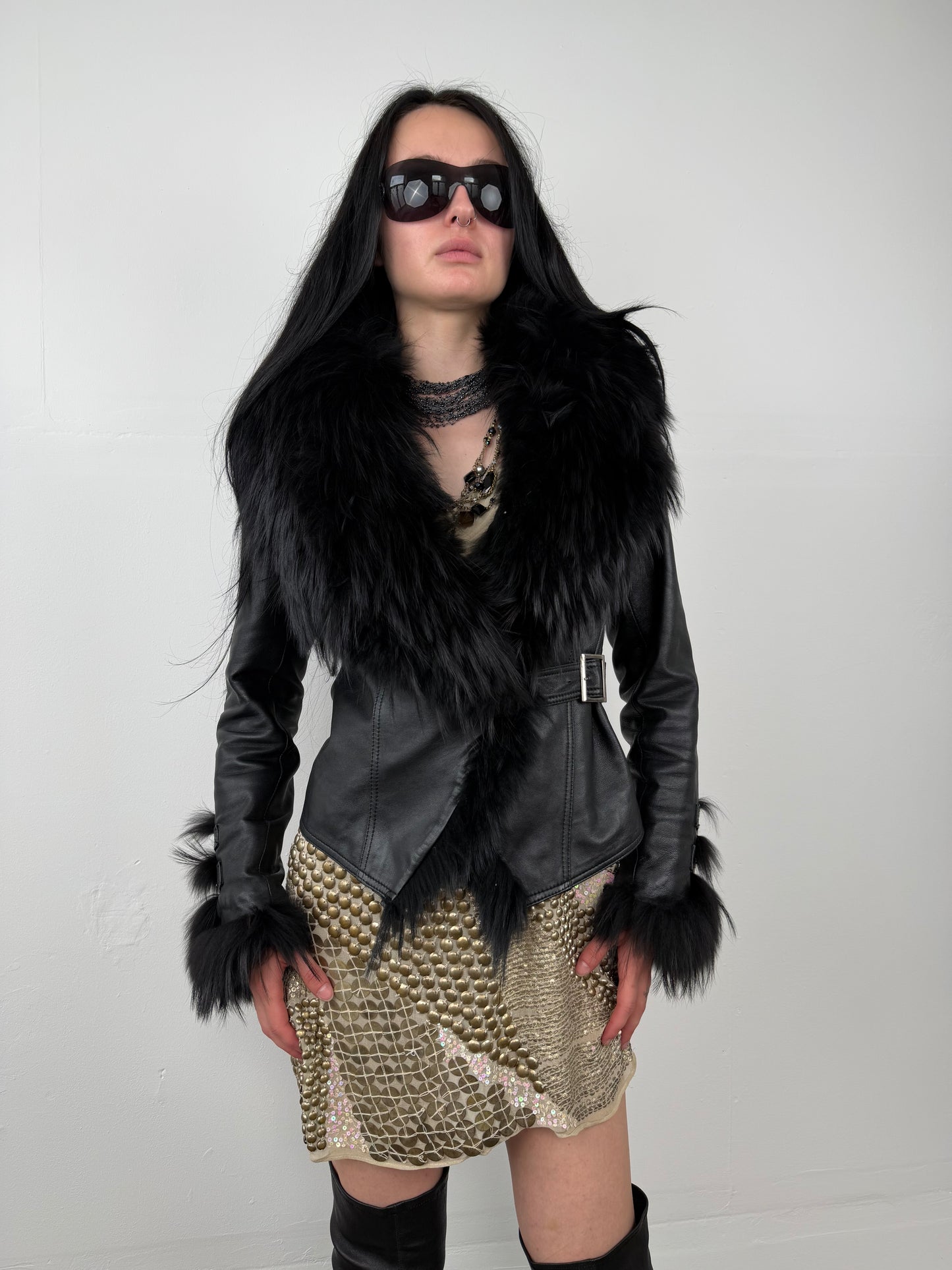 Vintage leather jacket with oversized collar TWINKLING GLOBAL