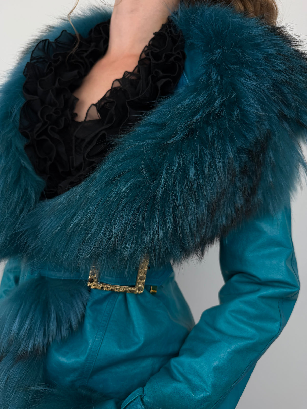 Vintage turquoise leather jacket with fur TWINKLING GLOBAL