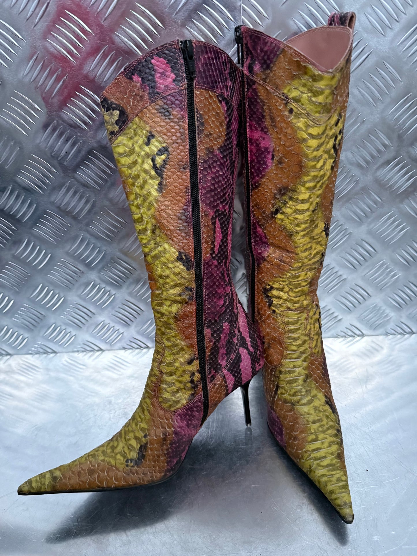 Vintage leather high boots in multicolor snake print TWINKLING GLOBAL