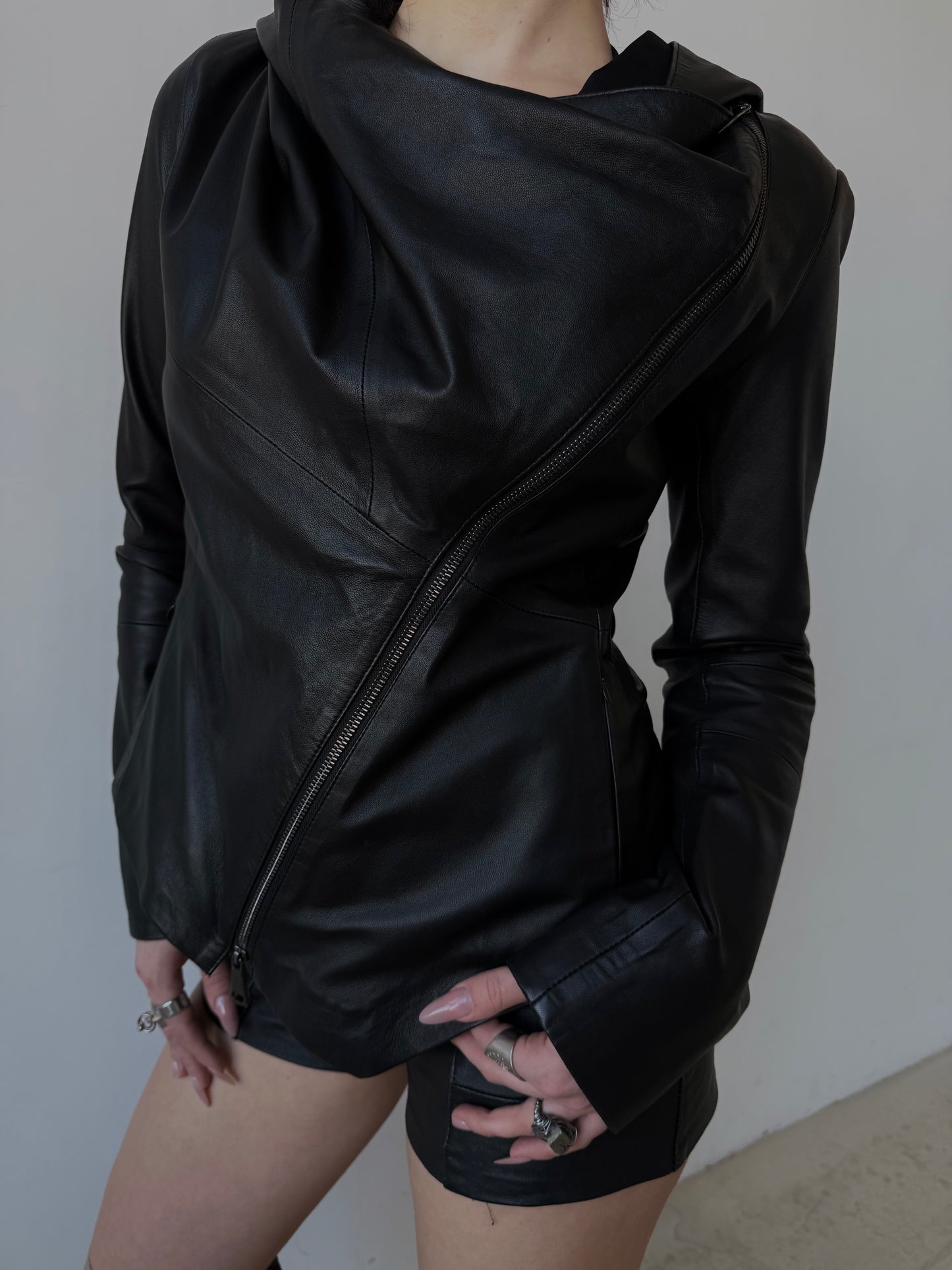 Vintage asymmetrical leather hooded jacket TWINKLING GLOBAL