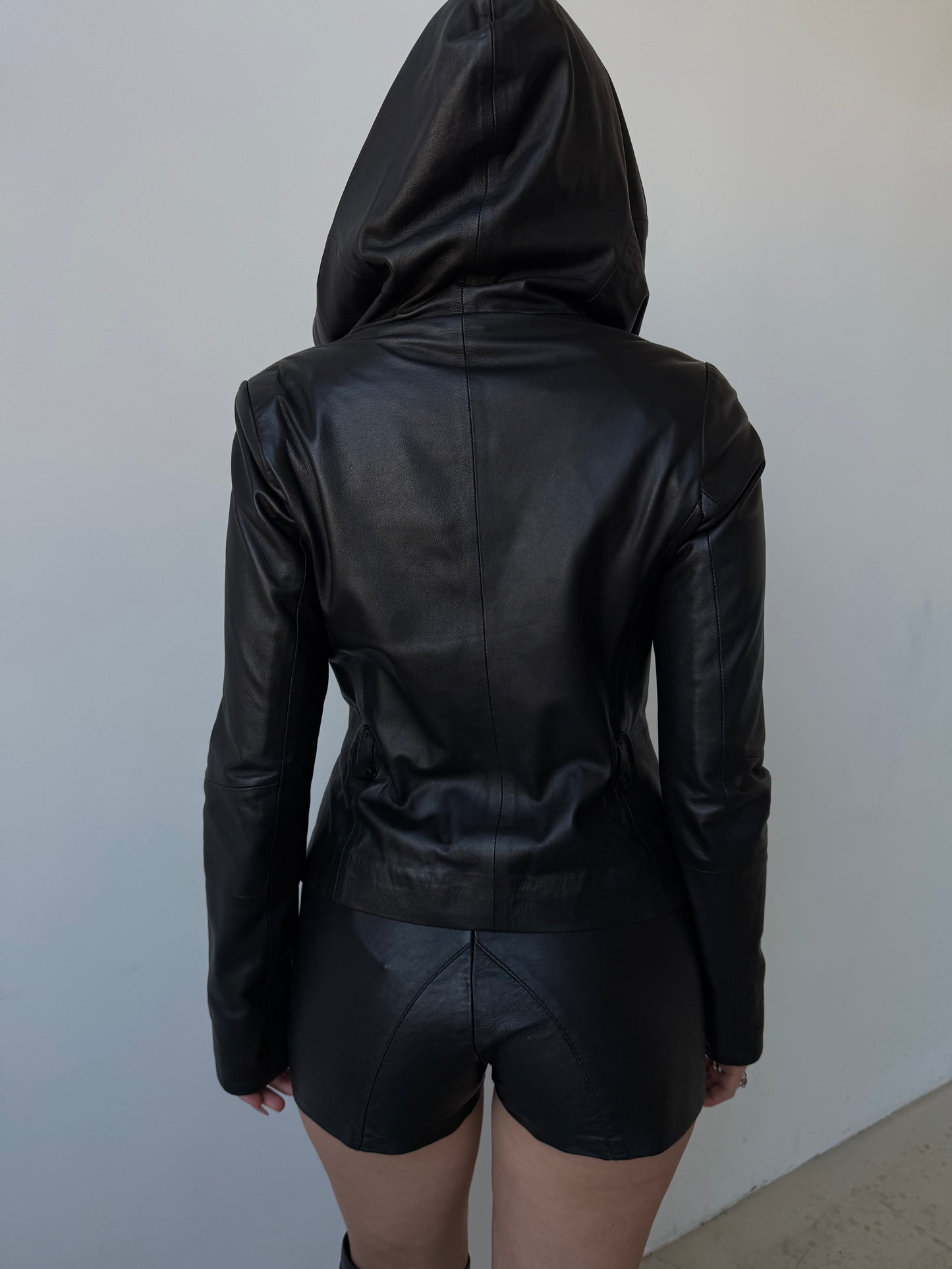 Vintage asymmetrical leather hooded jacket TWINKLING GLOBAL