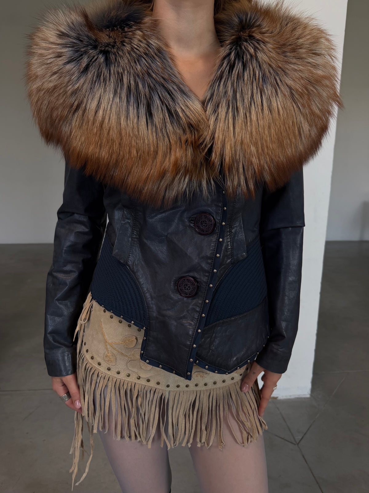 Vintage aubergine leather jacket with fur TWINKLING GLOBAL