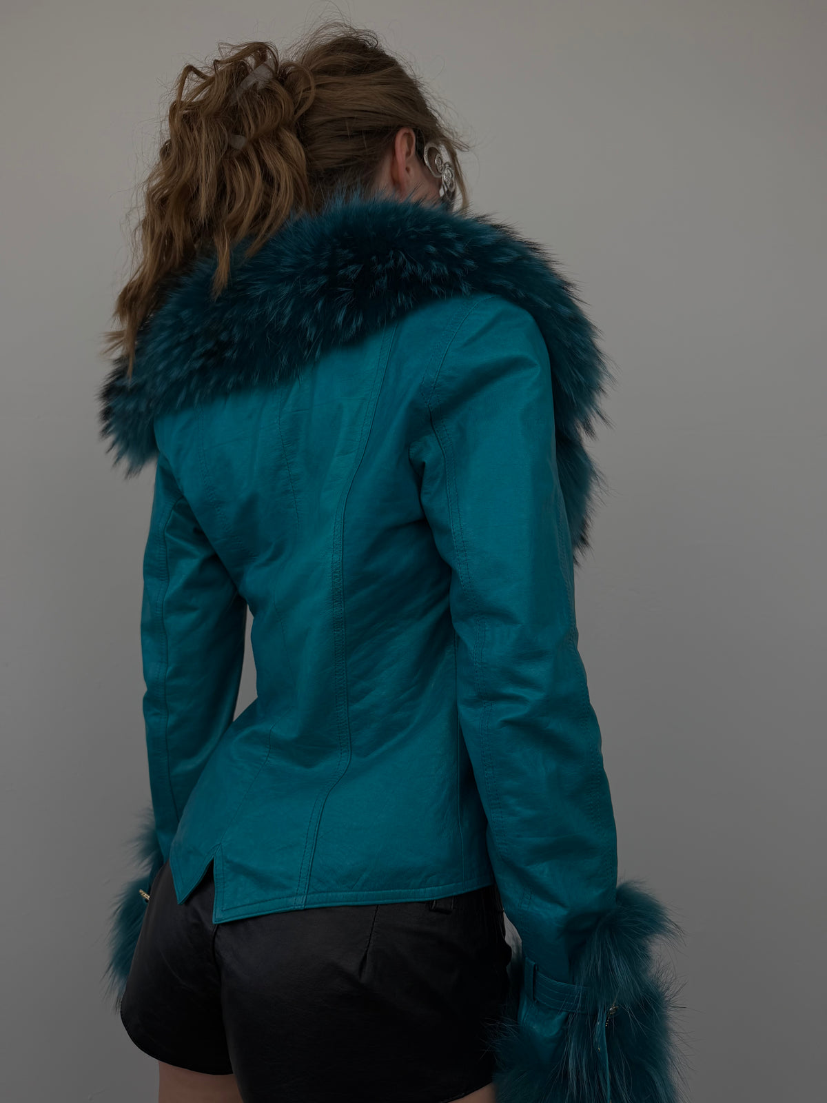 Vintage turquoise leather jacket with fur TWINKLING GLOBAL