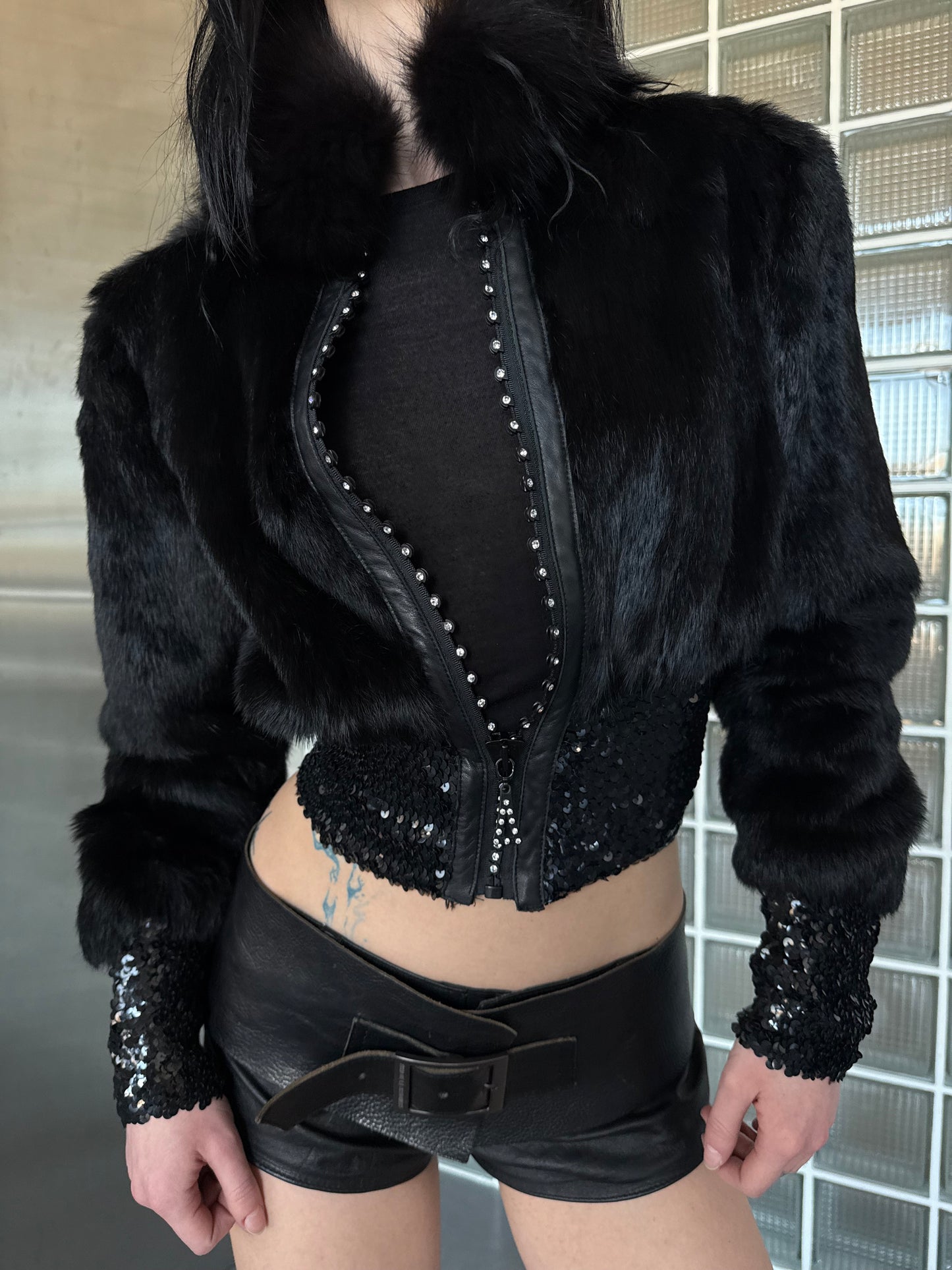 Vintage cropped jacket with leather inserts and sequins Balizza TWINKLING GLOBAL