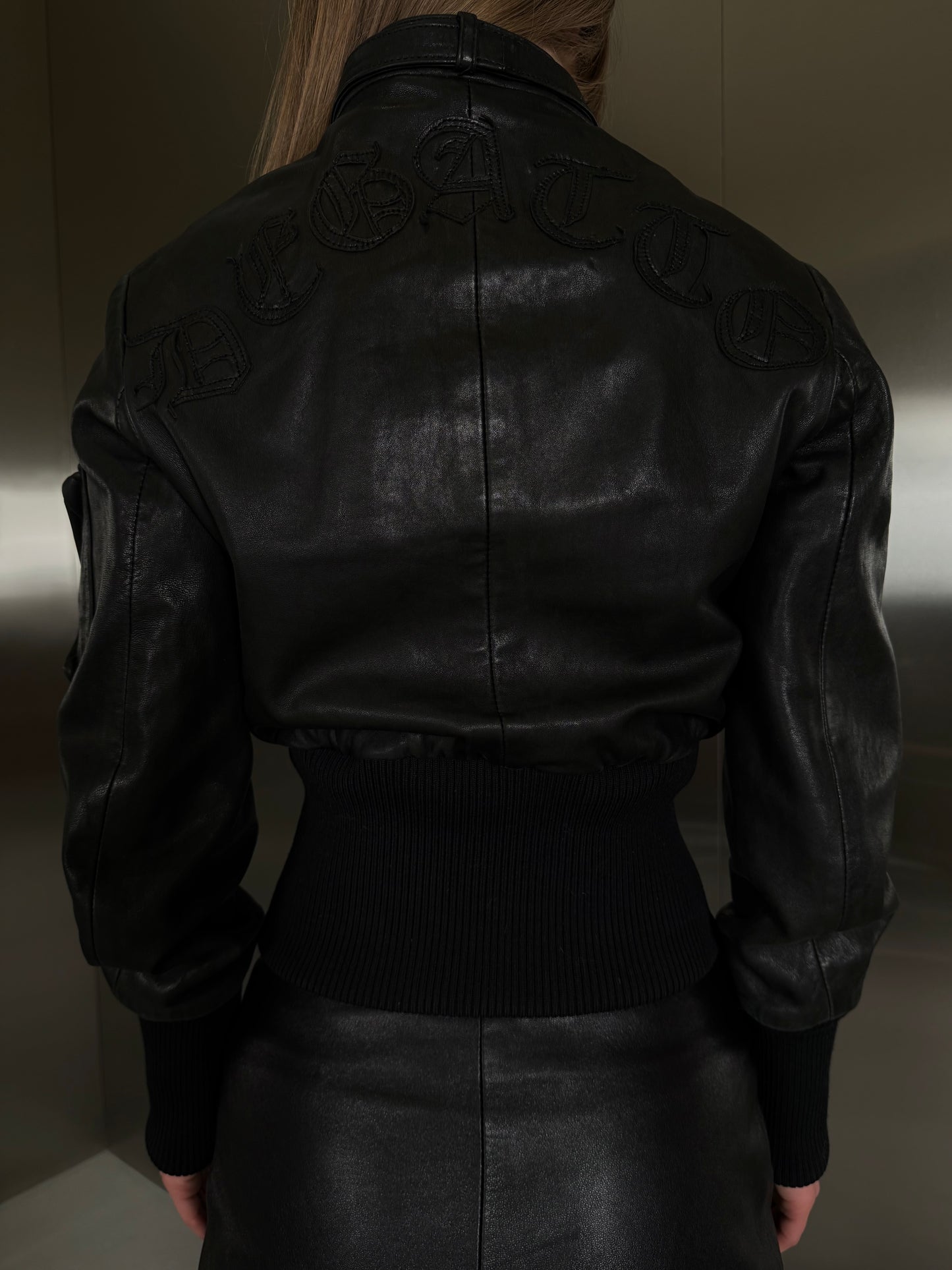 Vintage fitted leather jacket with back lettering TWINKLING GLOBAL