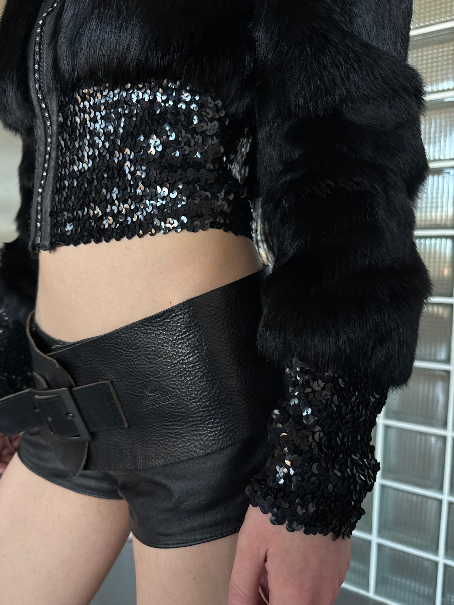 Vintage cropped jacket with leather inserts and sequins Balizza TWINKLING GLOBAL