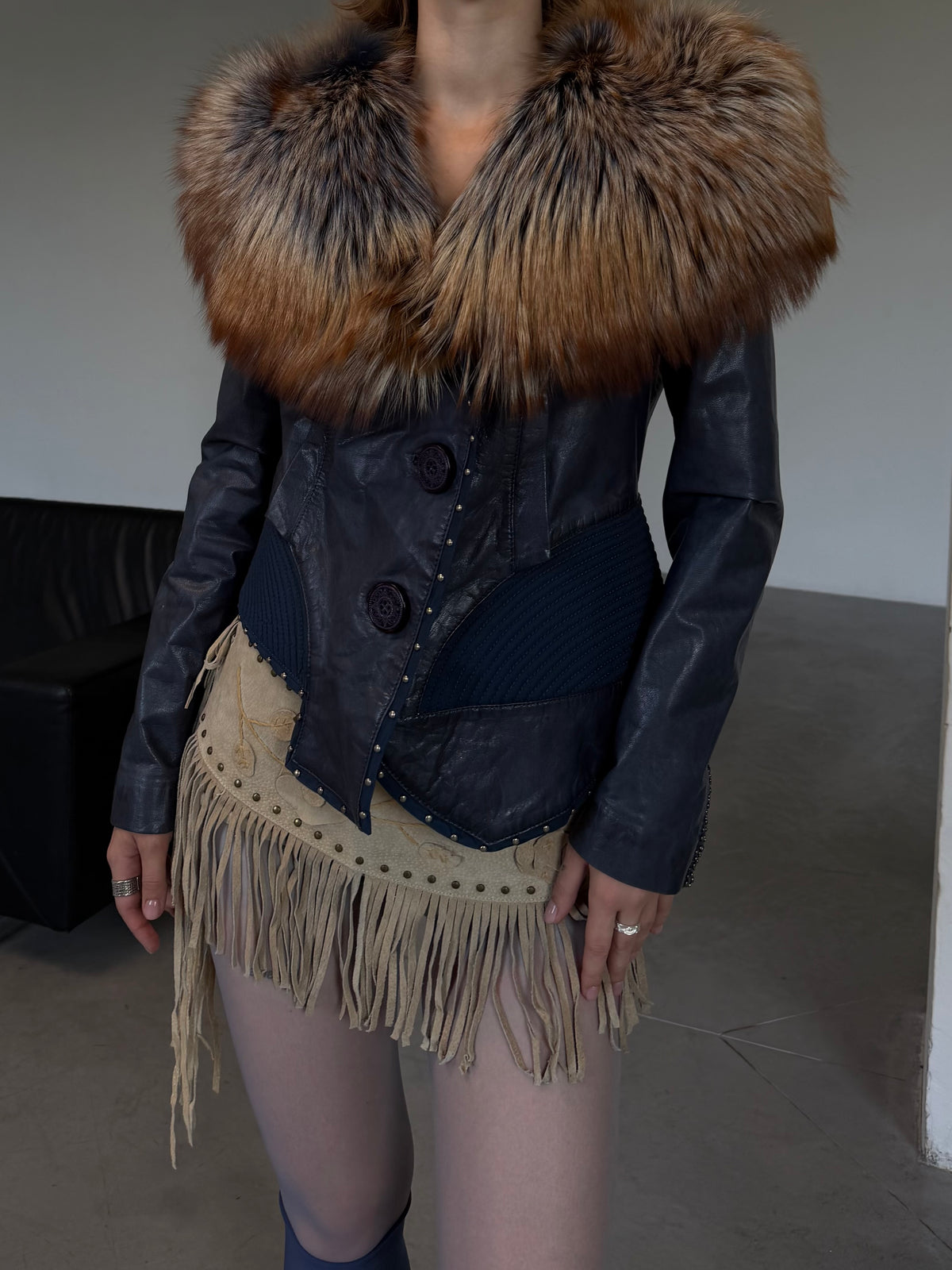 Vintage aubergine leather jacket with fur TWINKLING GLOBAL