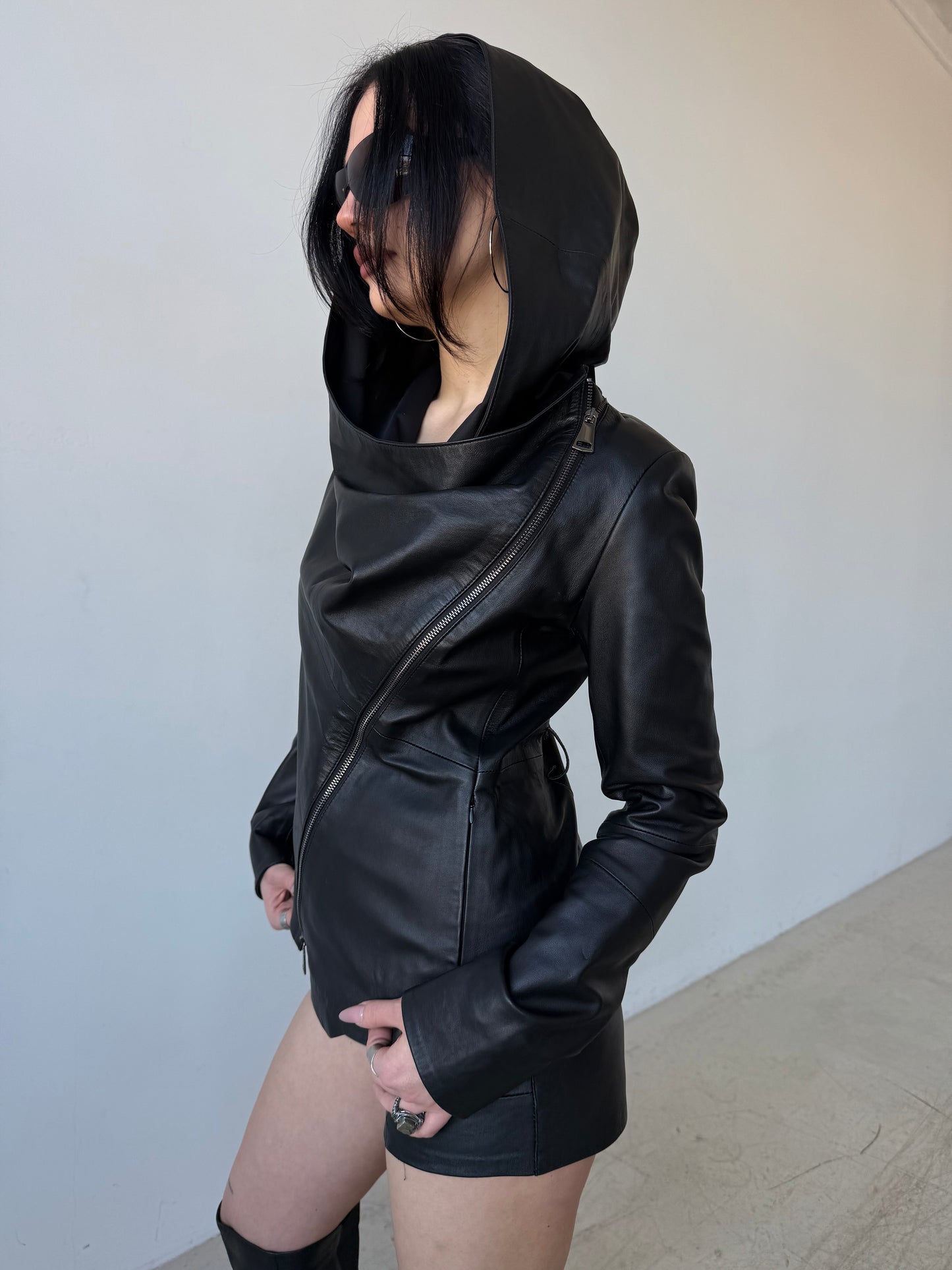 Vintage asymmetrical leather hooded jacket TWINKLING GLOBAL