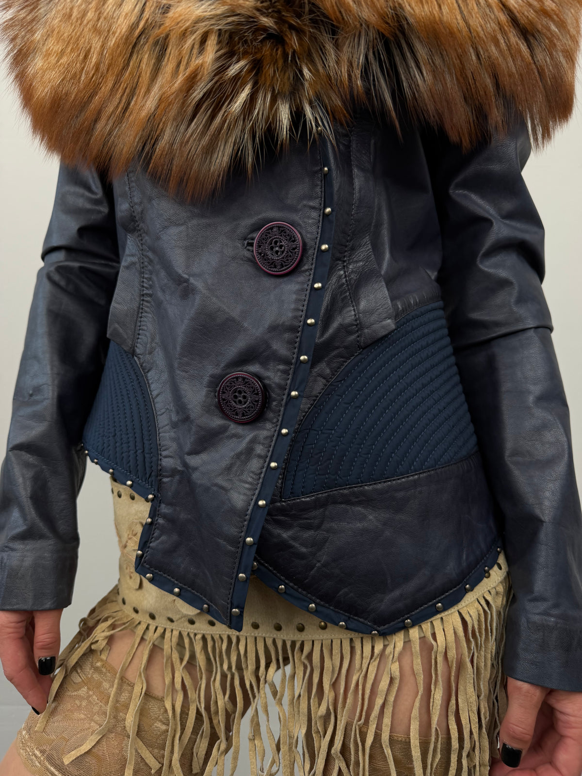 Vintage aubergine leather jacket with fur TWINKLING GLOBAL