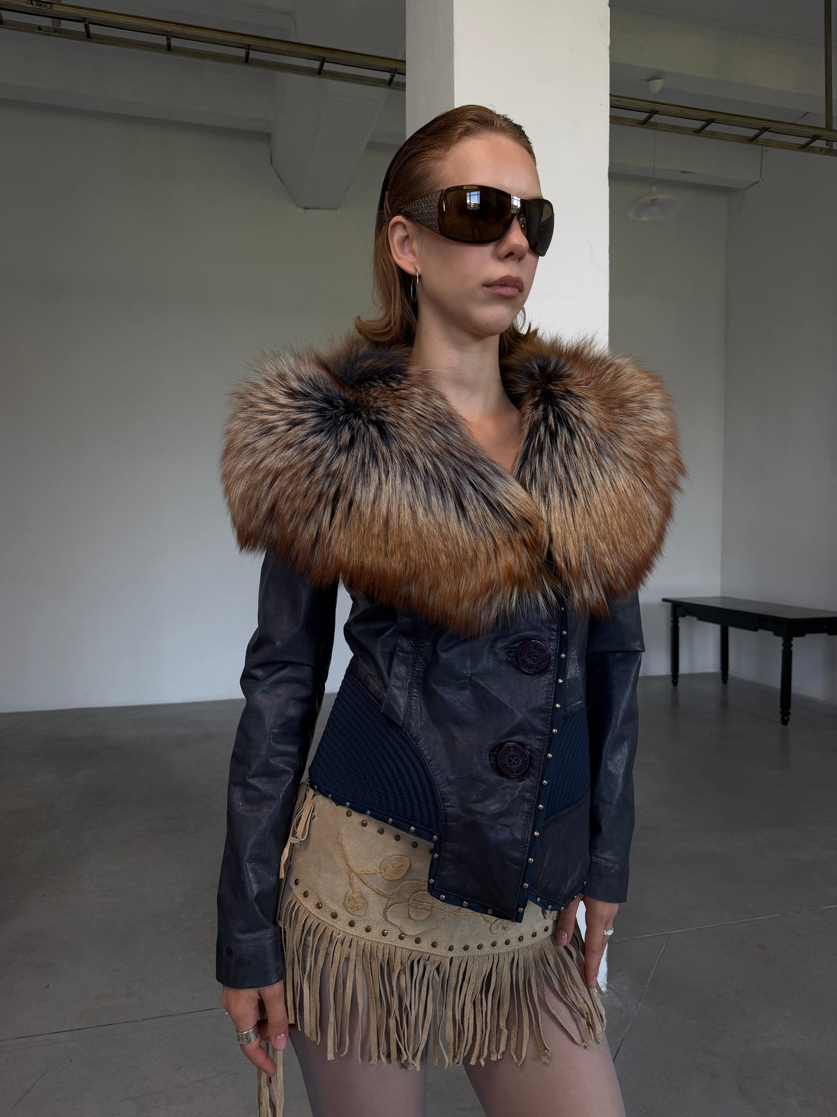 Vintage aubergine leather jacket with fur TWINKLING GLOBAL