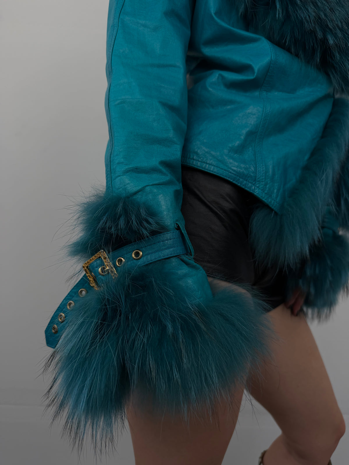 Vintage turquoise leather jacket with fur TWINKLING GLOBAL