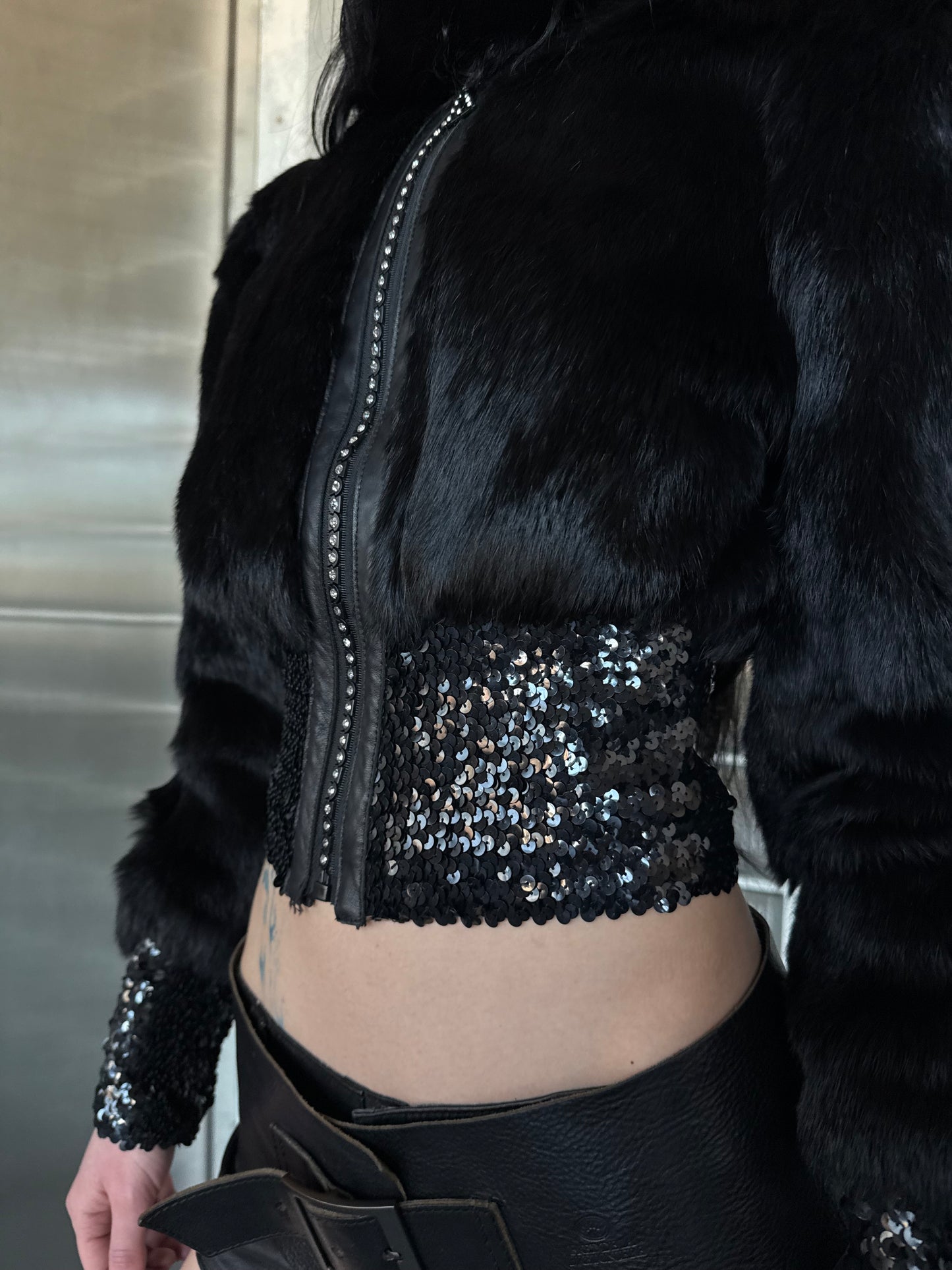 Vintage cropped jacket with leather inserts and sequins Balizza TWINKLING GLOBAL