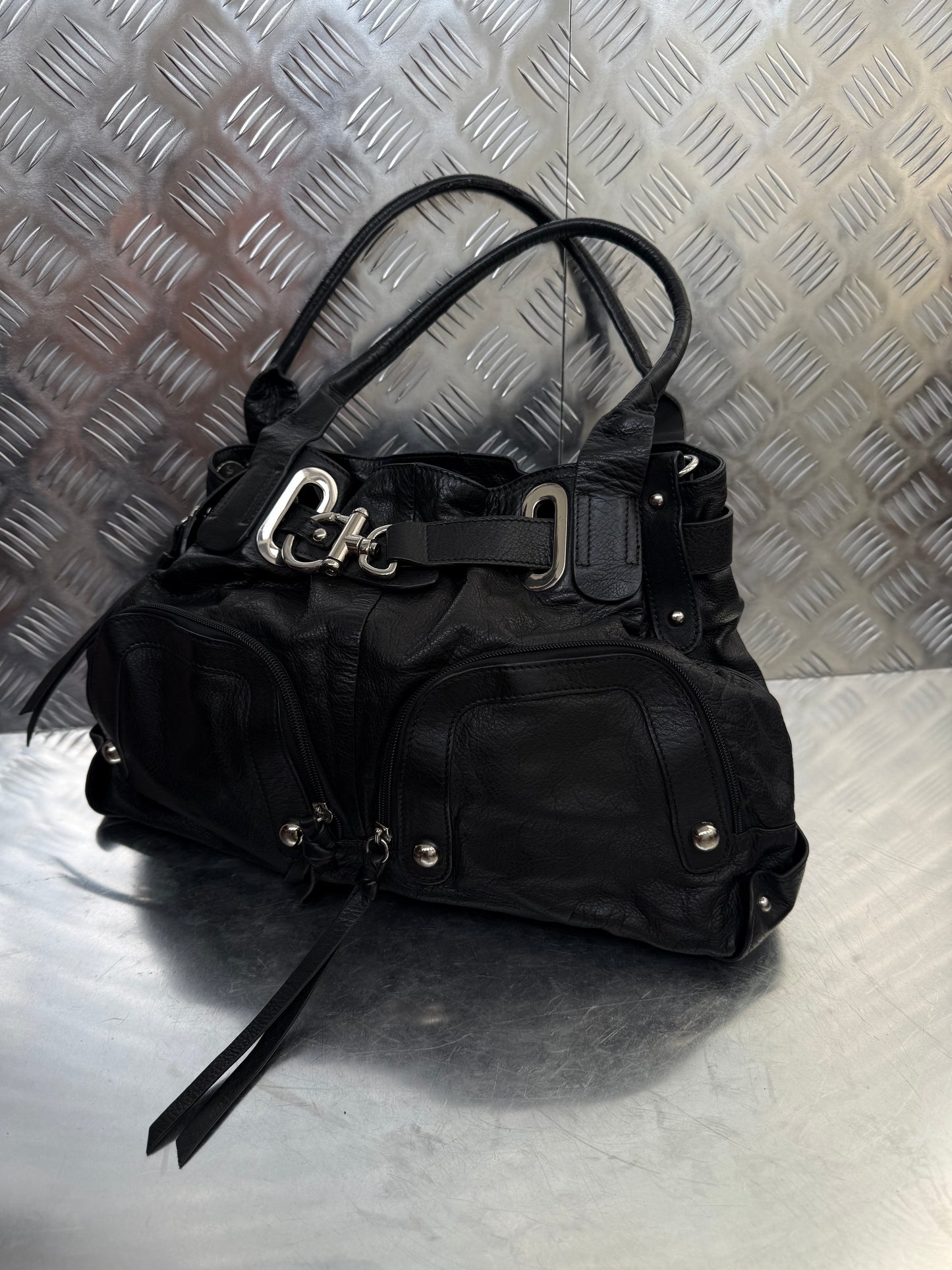 Vintage Black Leather Bag Twinkling Global