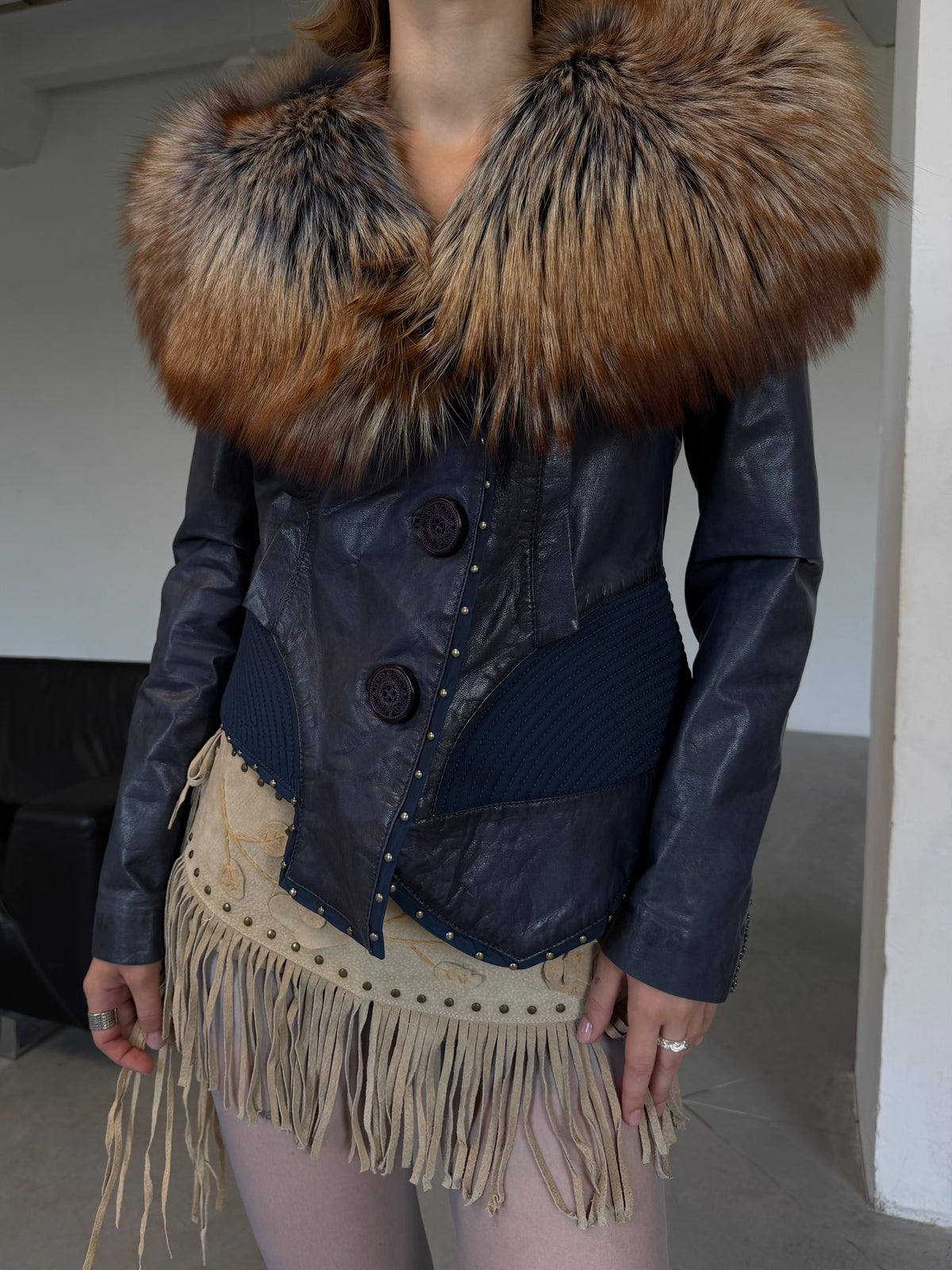 Vintage aubergine leather jacket with fur TWINKLING GLOBAL