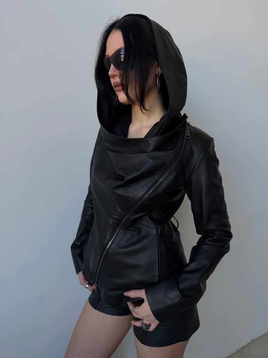 Vintage asymmetrical leather hooded jacket TWINKLING GLOBAL