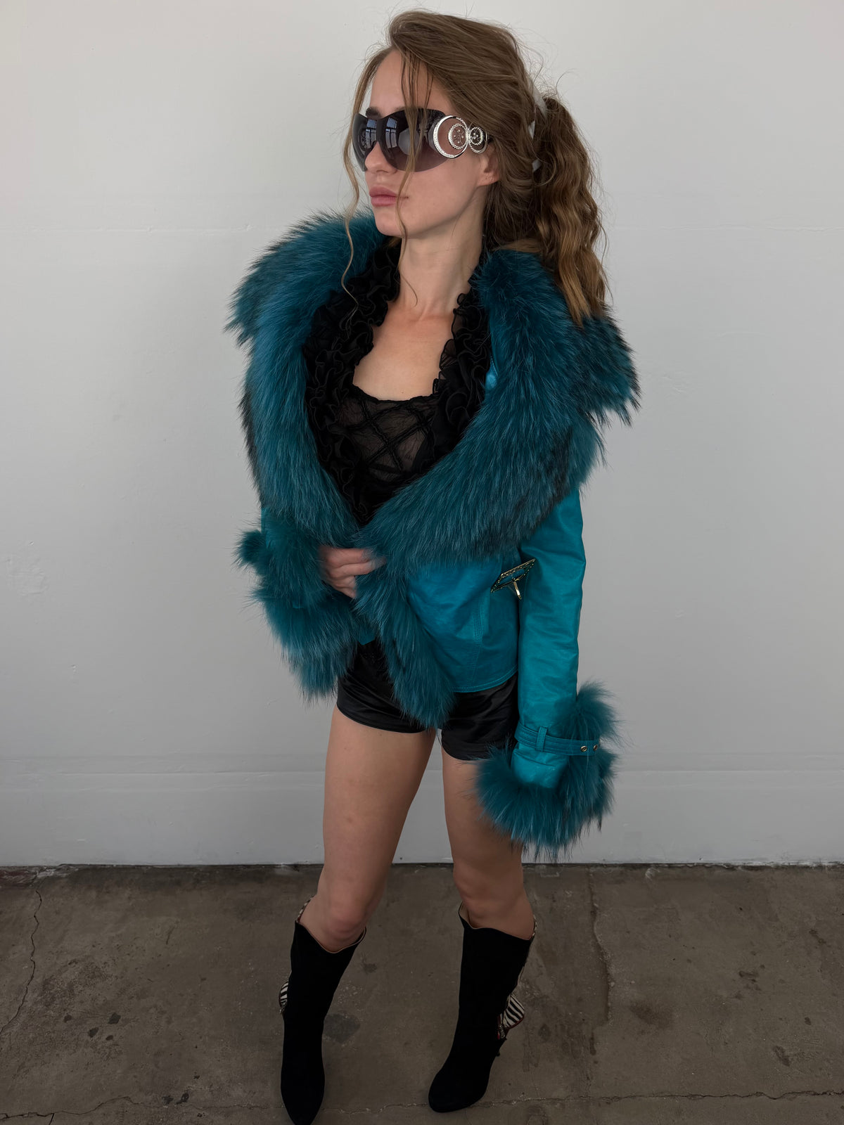 Vintage turquoise leather jacket with fur TWINKLING GLOBAL