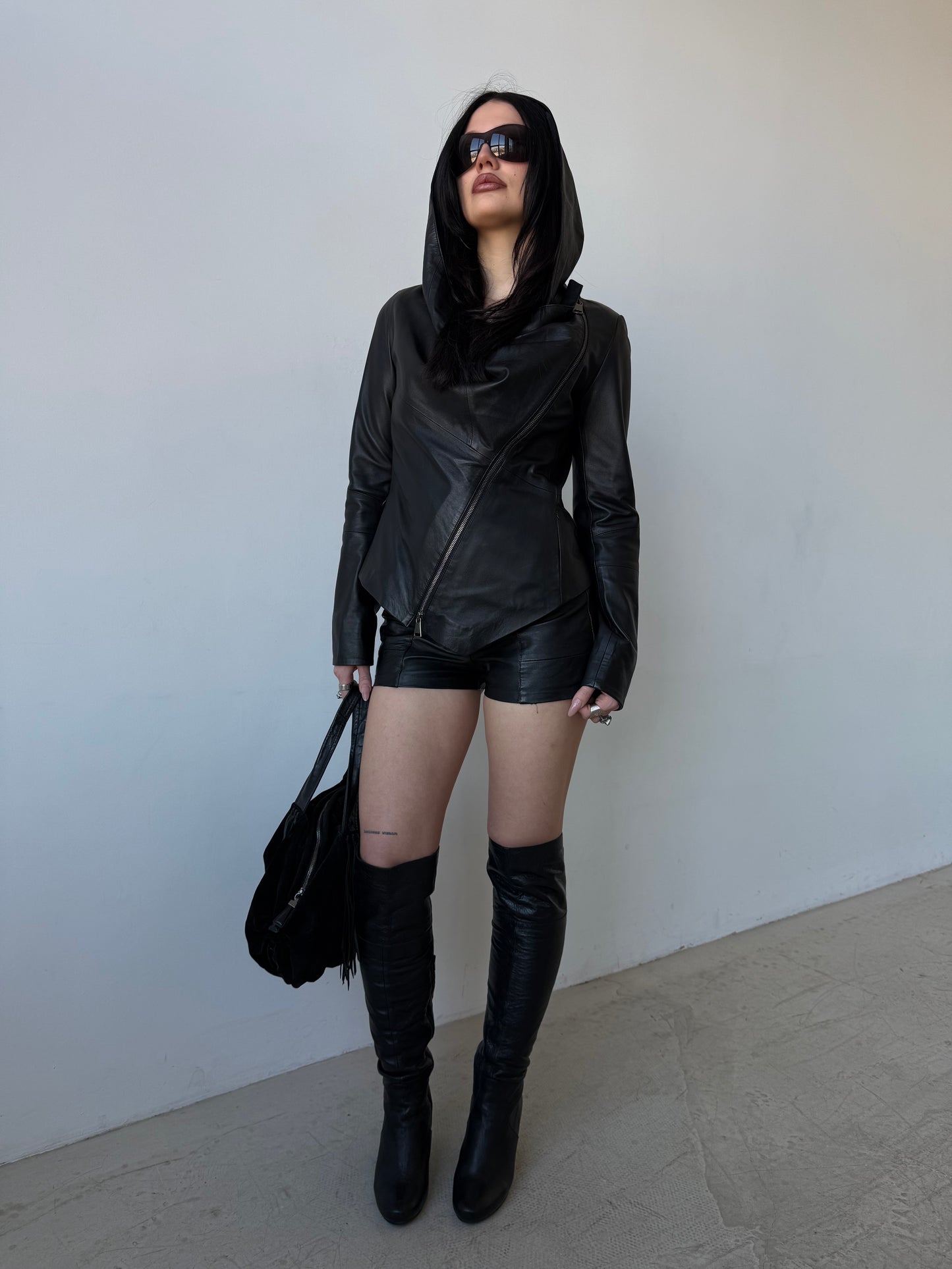Vintage asymmetrical leather hooded jacket TWINKLING GLOBAL