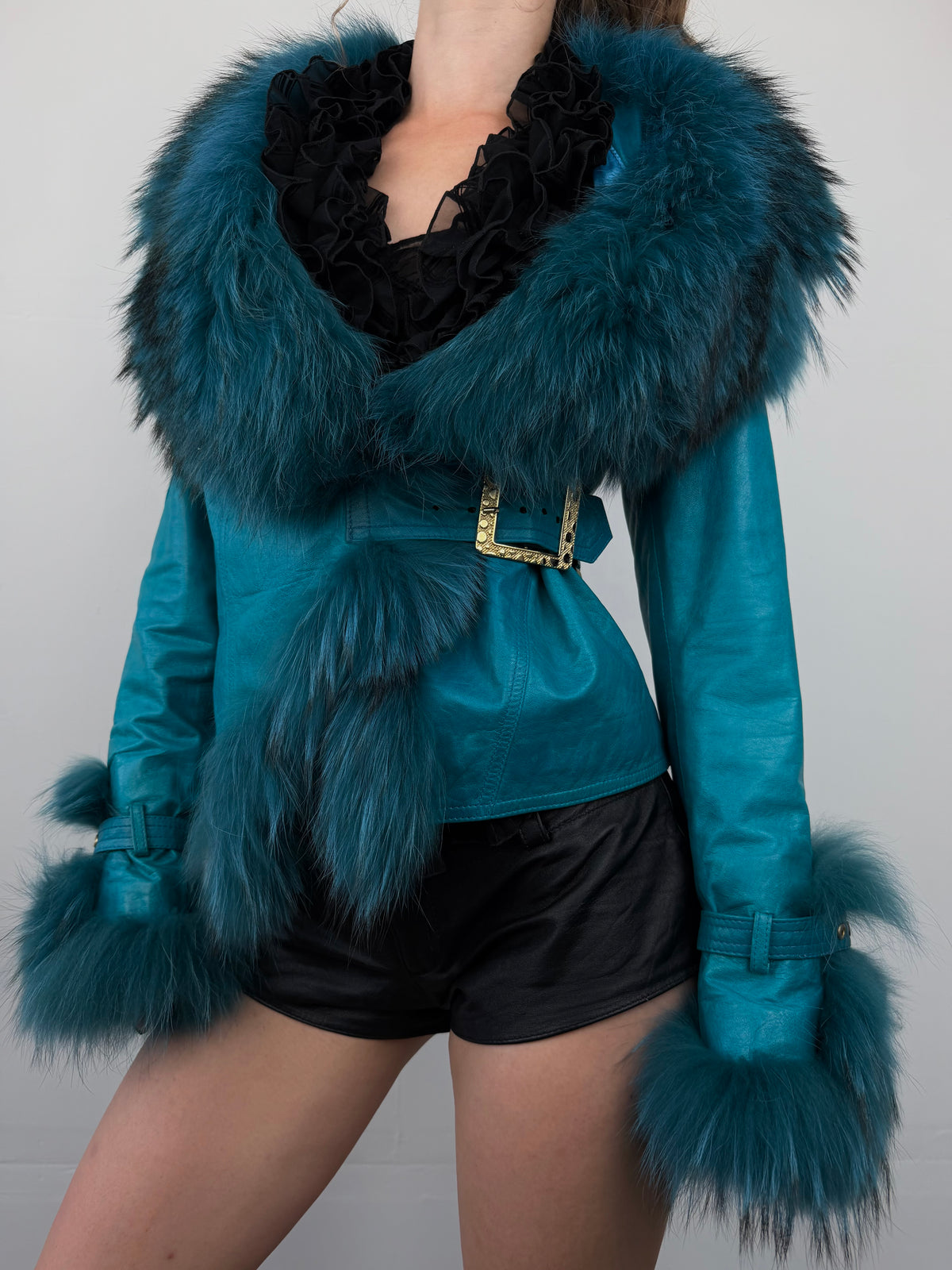 Vintage turquoise leather jacket with fur TWINKLING GLOBAL