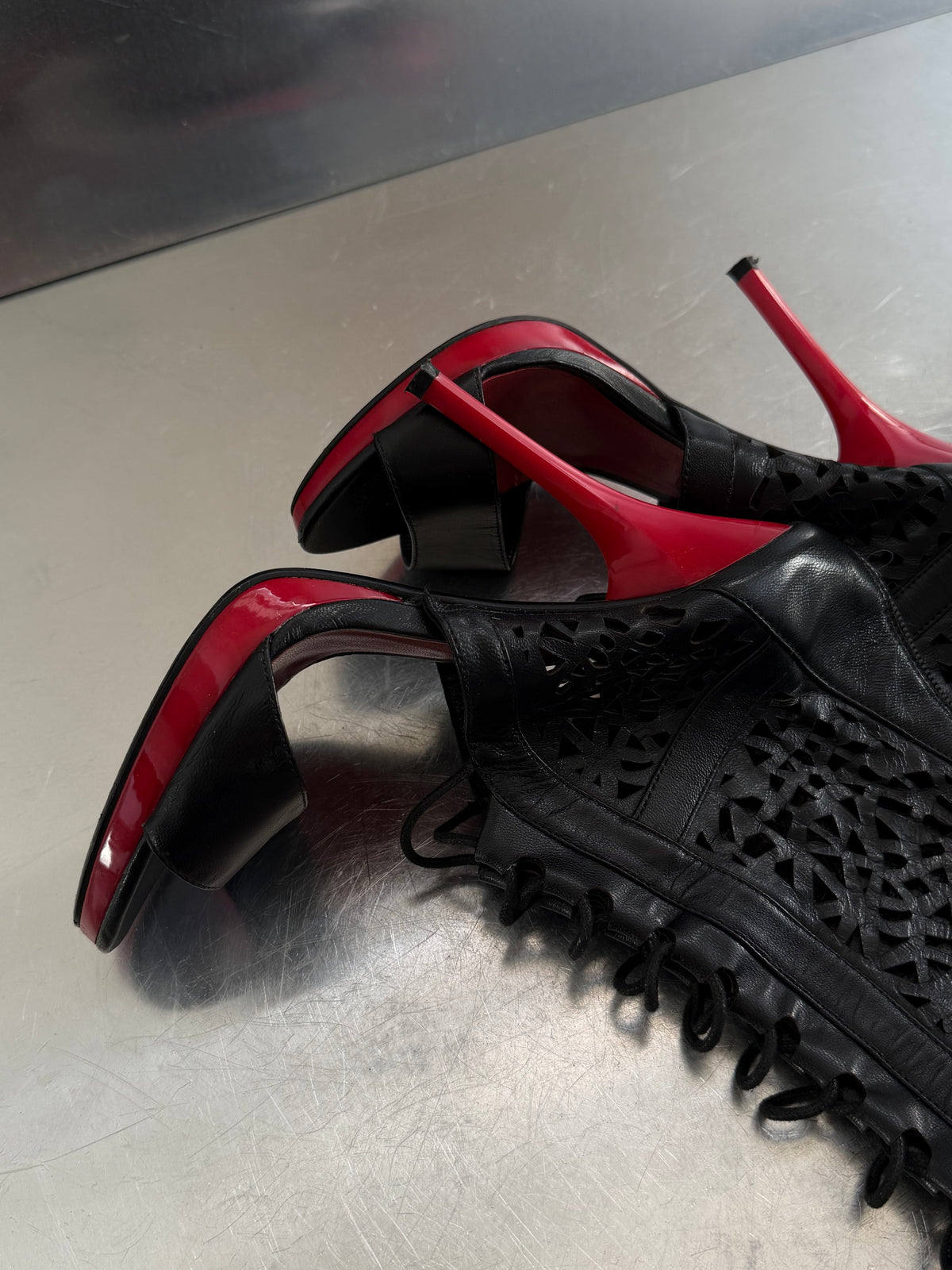 Vintage Luciano Carvari black gladiator heels with red heel TWINKLING GLOBAL