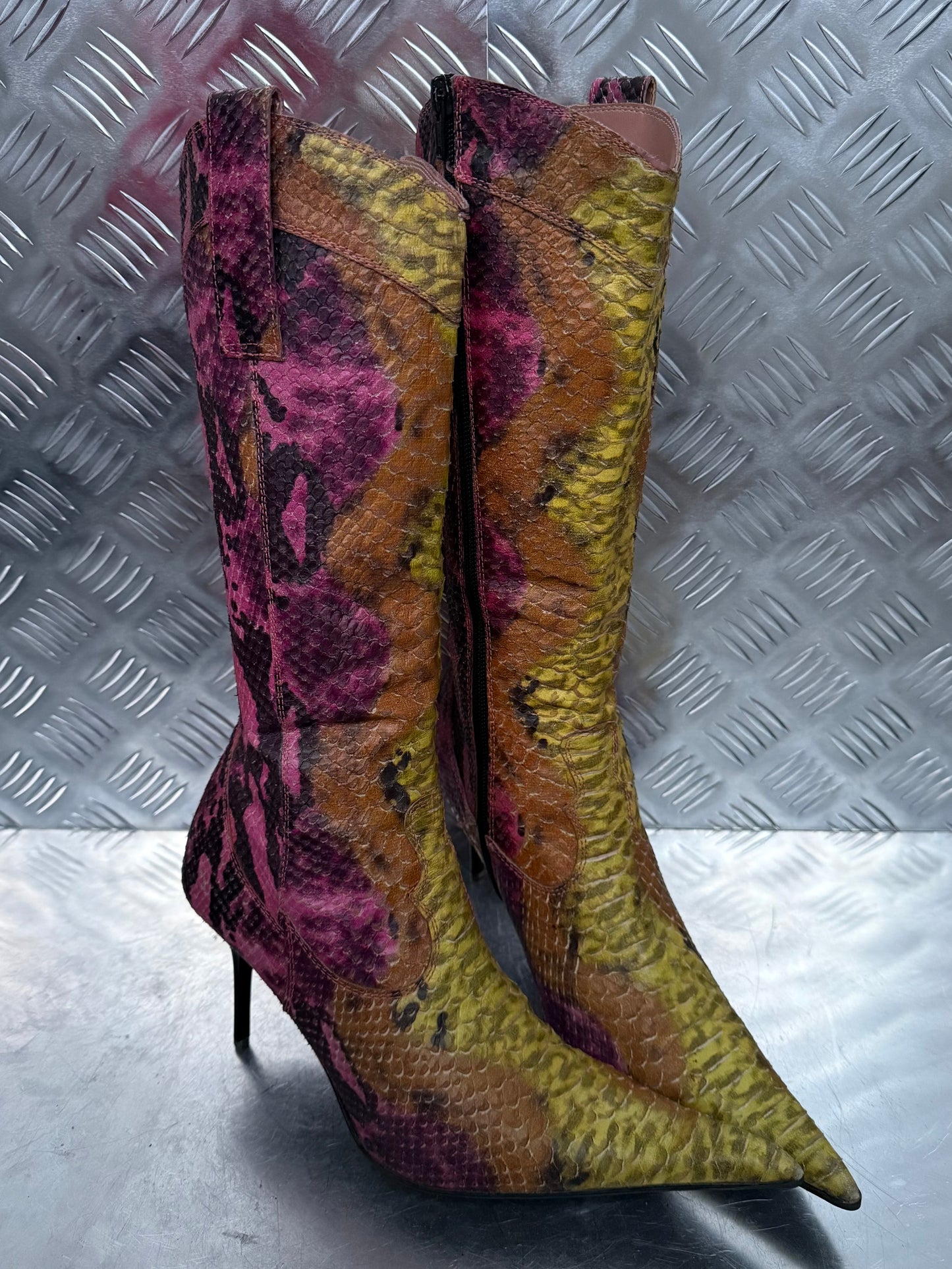 Vintage leather high boots in multicolor snake print TWINKLING GLOBAL