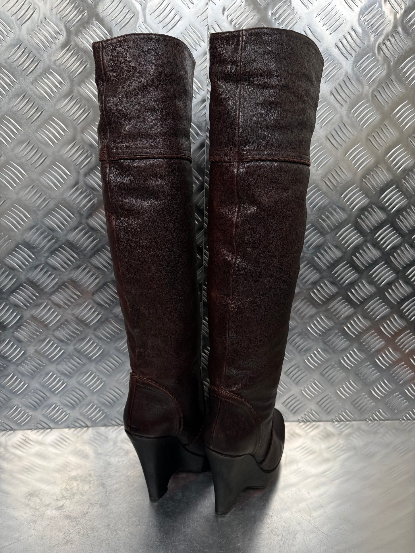 Vintage brown leather platform wedge over-the-knee boots SHY TWINKLING GLOBAL