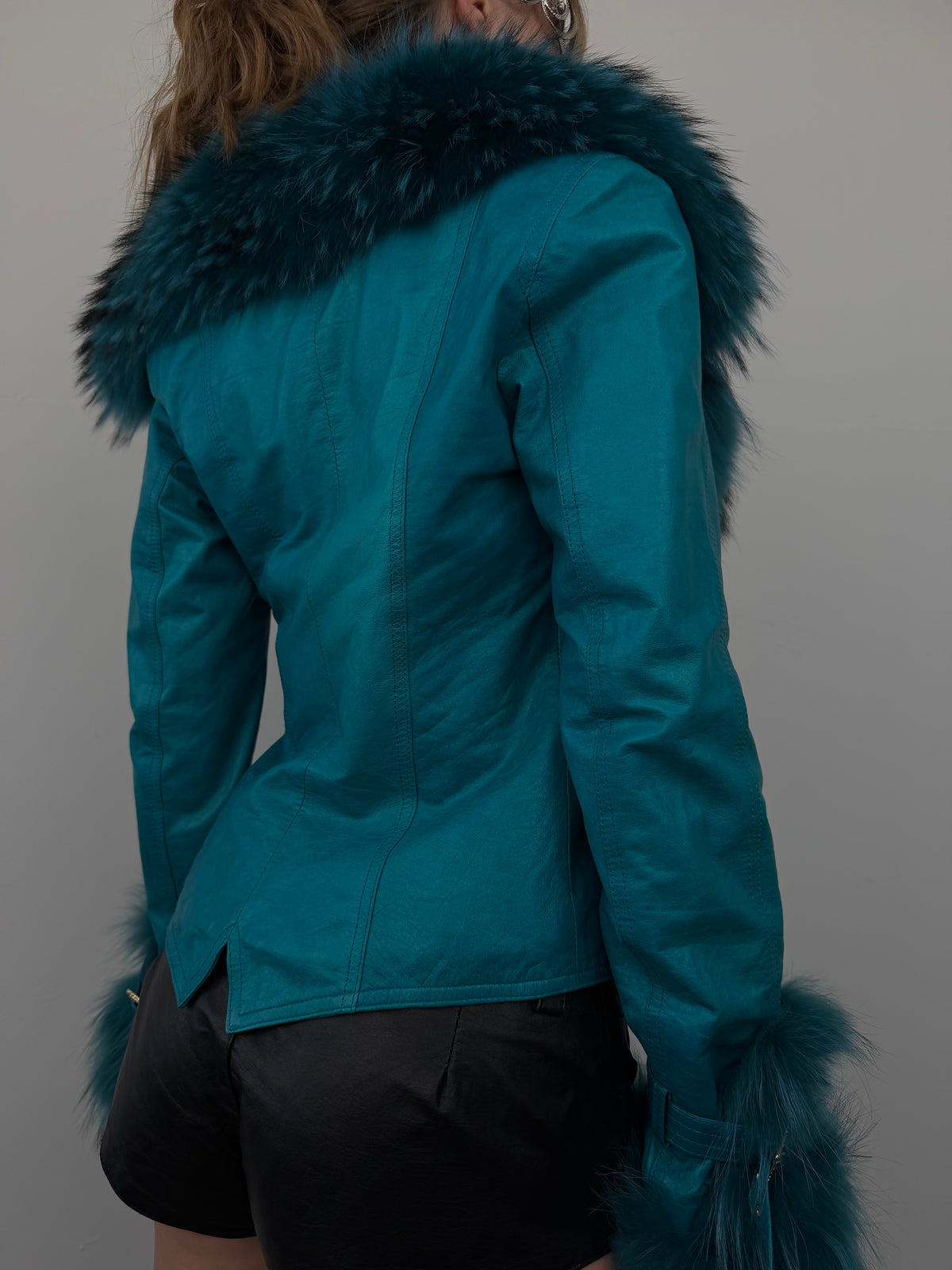 Vintage turquoise leather jacket with fur TWINKLING GLOBAL