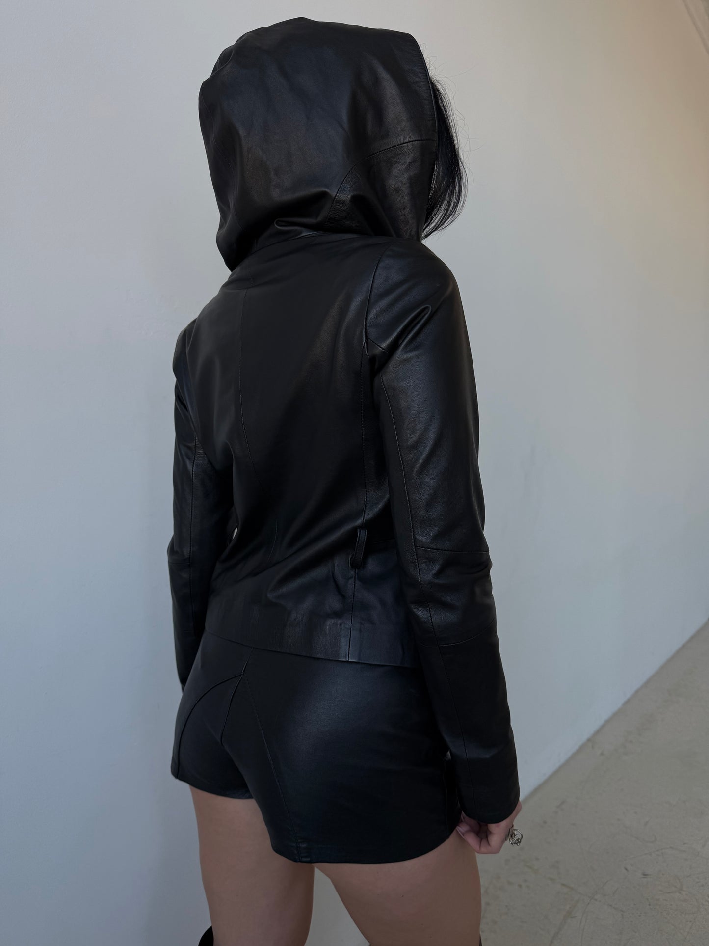 Vintage asymmetrical leather hooded jacket TWINKLING GLOBAL
